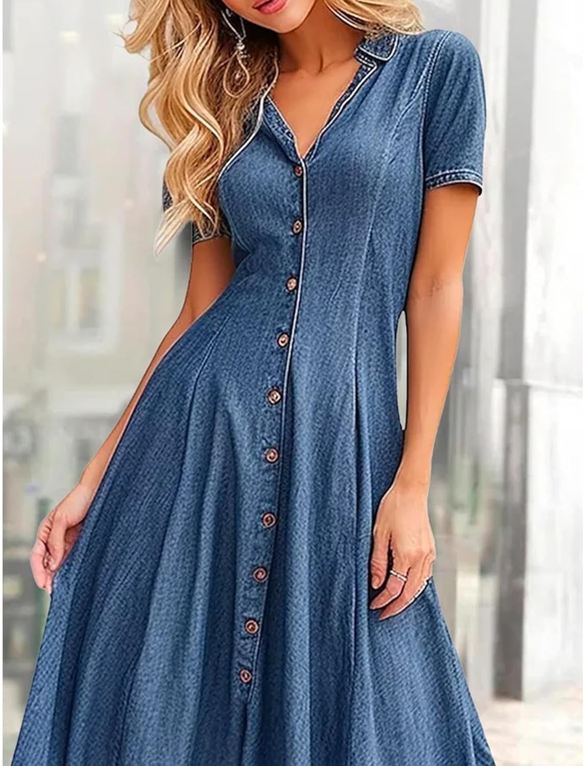 Sexyshine Women's Button Down Denim Shirt Dress Summer Short Sleeve Lapel V Neck Tunic A Line Swing Pleated Maxi Dress