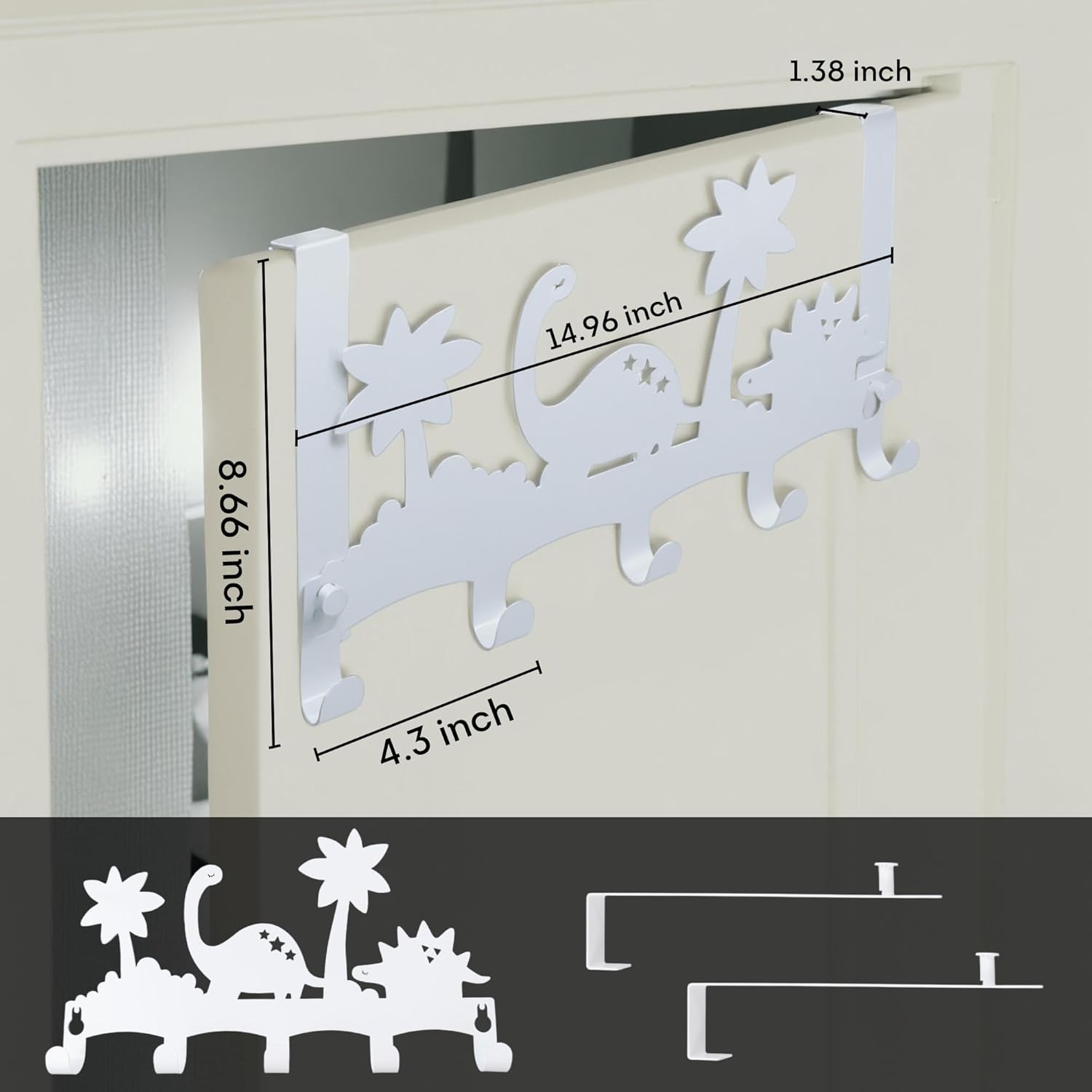 Lily's Home Dino Design Over The Door Hooks - White Behind Door Hanger with 5 Hooks for Clothes & Towels - Easy Install Coat Rack Load 11 Lb. - 14.96" Wide - Ideal for Kids' Rooms & Bathrooms