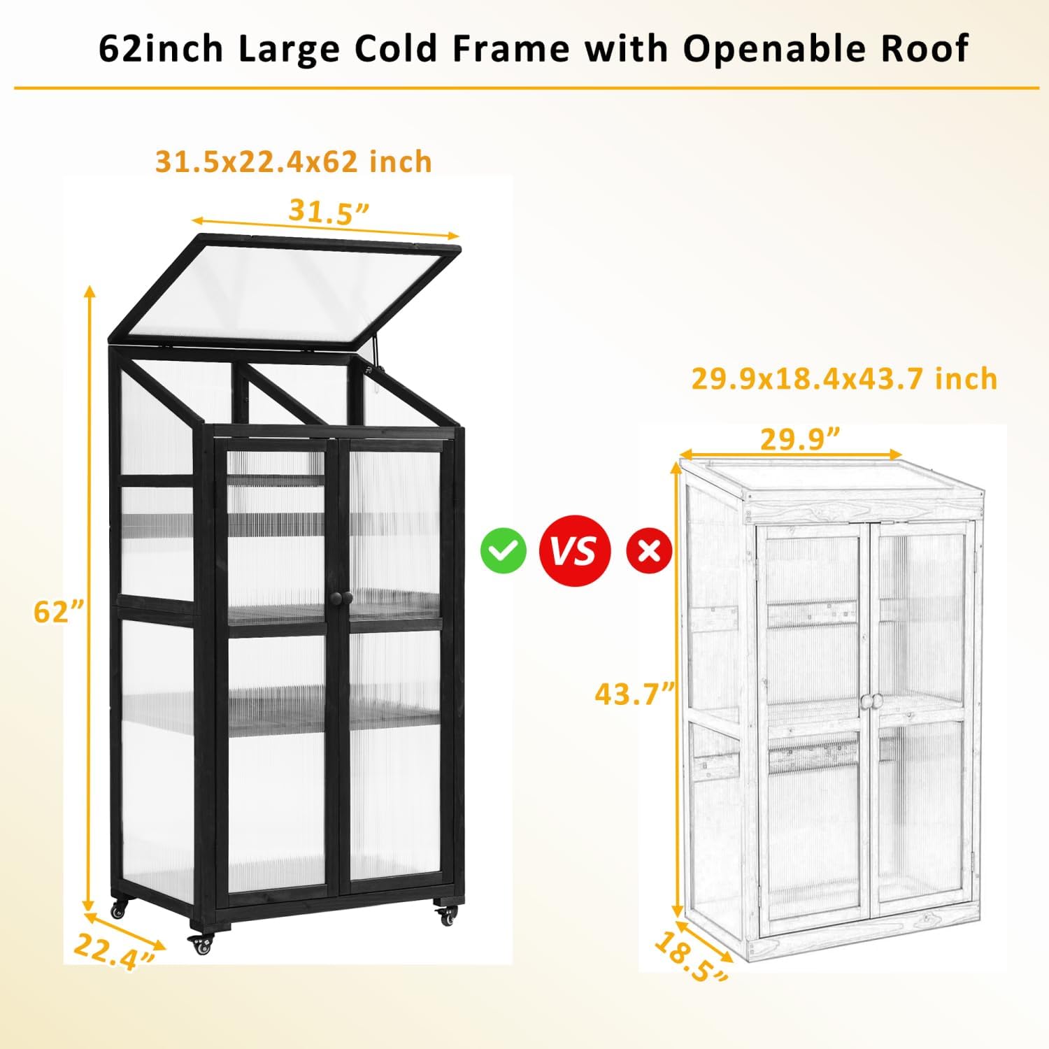 62inch Height Wood Large Greenhouse Balcony Portable Cold Frame with Wheels and Adjustable Shelves for Outdoor Indoor Use, Black