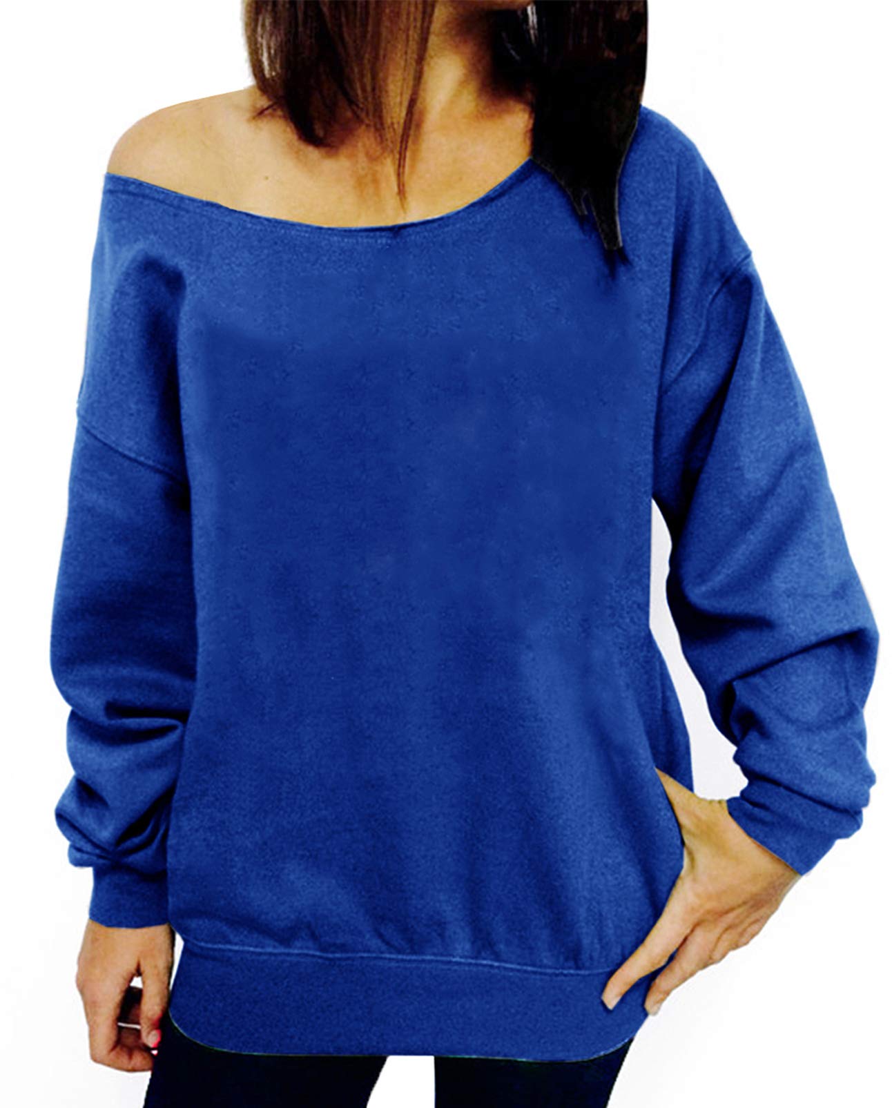 Damskie bluzy z odsłoniętymi ramionami z długim rękawem luźny seksowny sweter topy, 107 niebieski, 3X