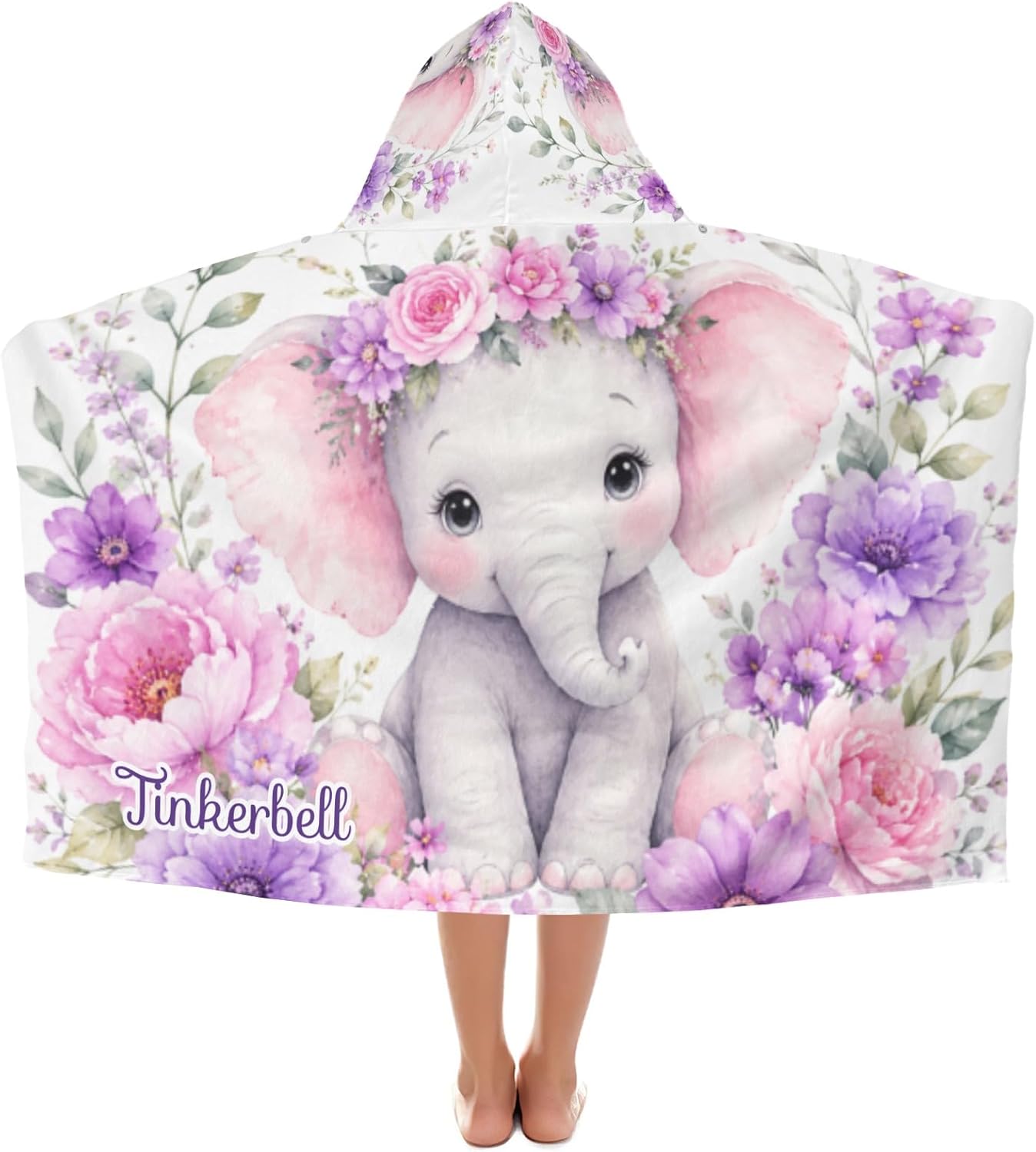 Custom Watercolor Floral Elephant Hooded Bath Beach Towel,Oversize 50"x30" Beach Bath Pool Hood Towel for Kids Gifts