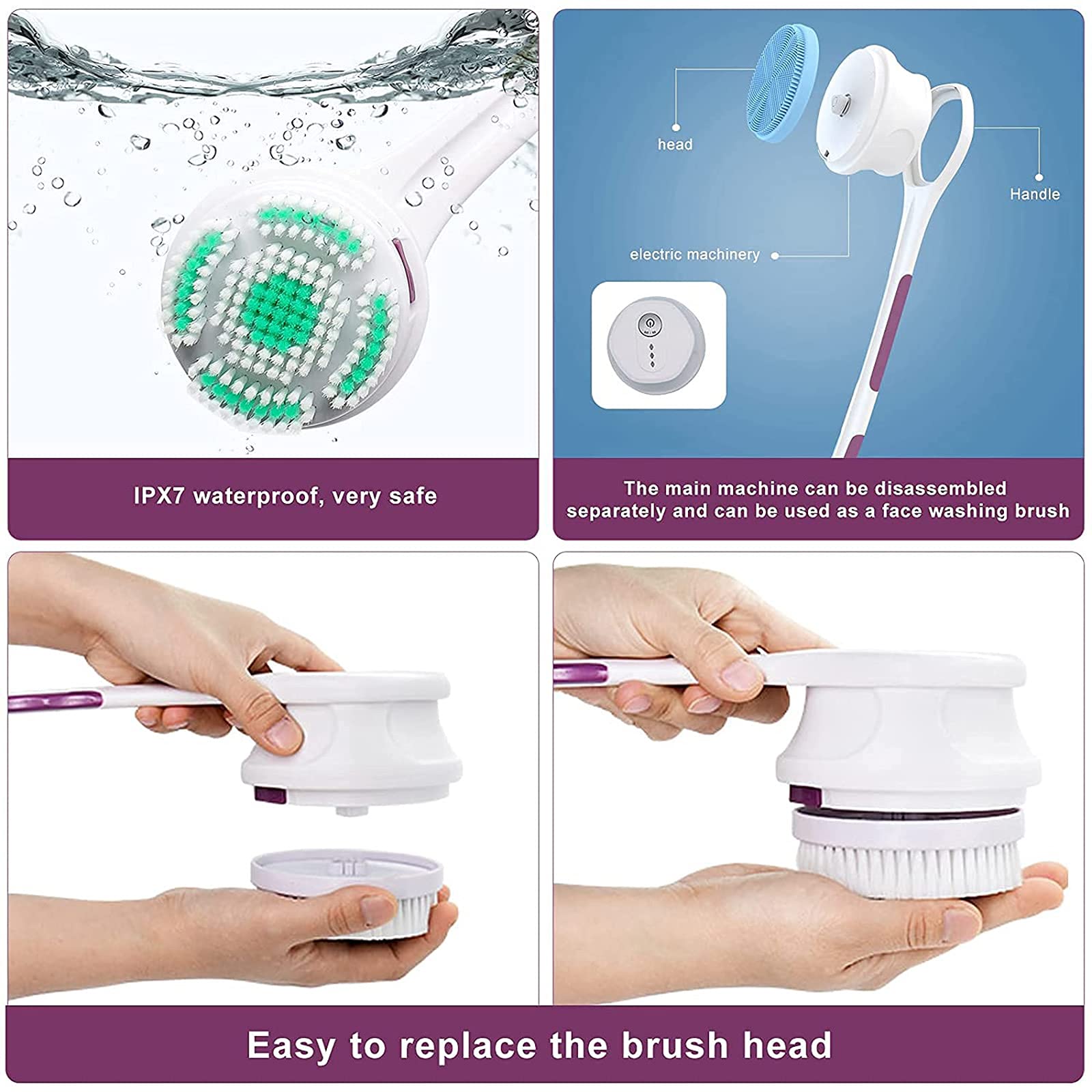 M-TOP Cepillo de Bano para la Espalda Cepillo Eléctrico para Baño Corporal con Cabeza de 5 Cepillos, Cepillo de Masaje de Ducha Automático Exfoliante Mejora la Circulación Sanguínea