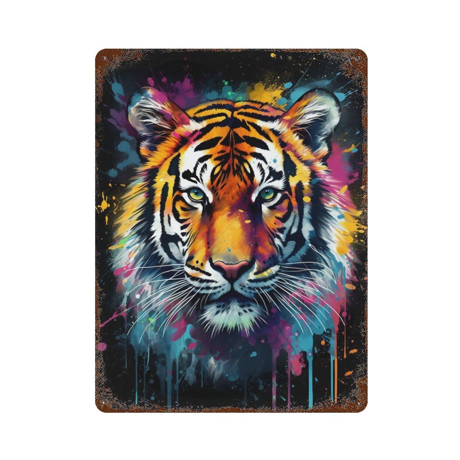Colorful Tiger With Drips Rusty Metal Tin Sign 15.7"x11.8", Shabby Chic Decor for Garage, Bar And Workshop Decor