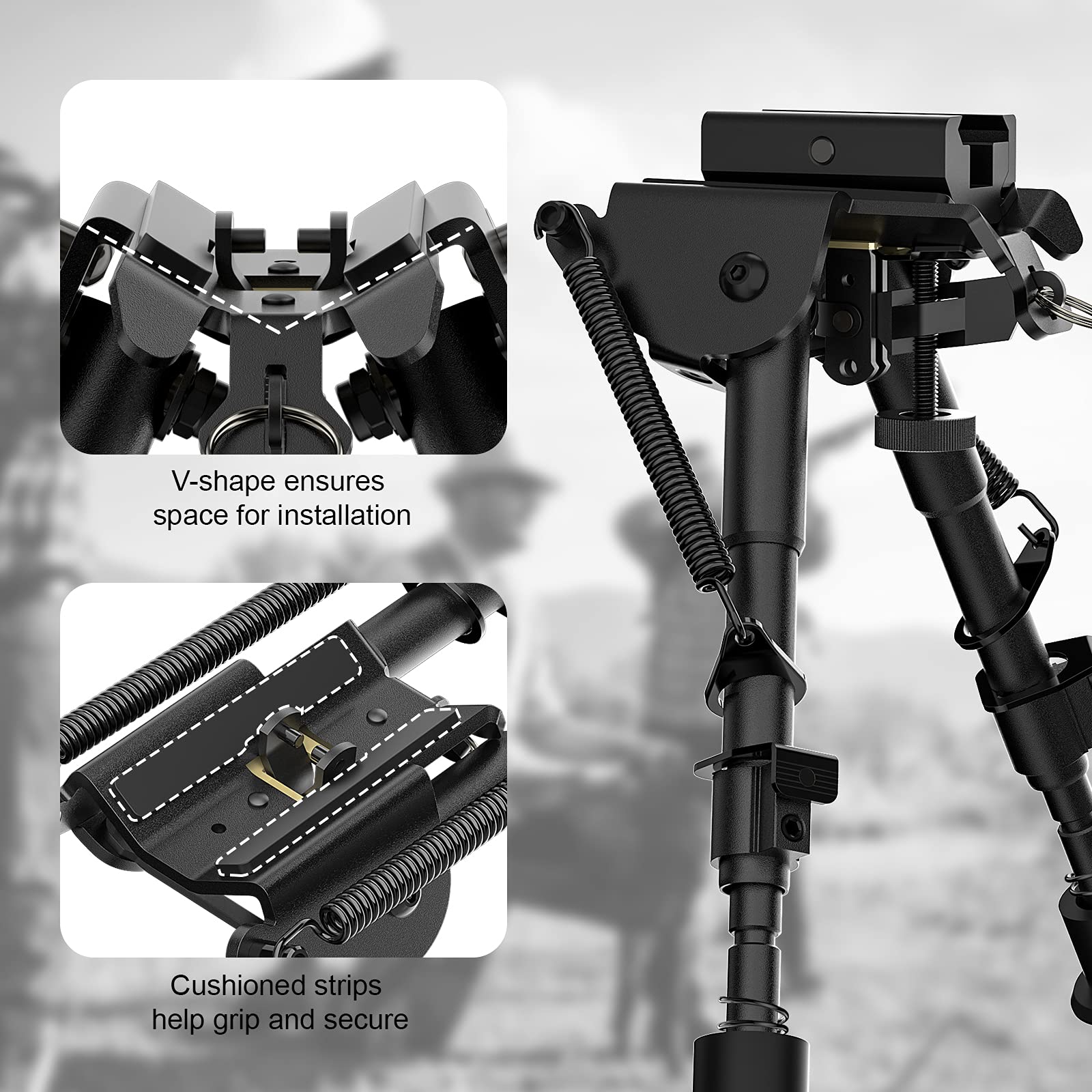 AOMEKIE Bipod Tattico 6-9 Pollici Airsoft Rifle Telescopico Regolabile Primavera Ritorno Picatinny & Swivel-Stud Clamp Caccia Bipiede con Adattatore di Montaggio Nero