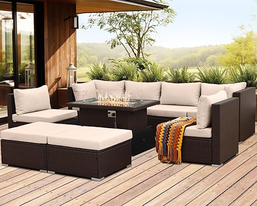 Miniatura 3 de NICESOUL Muebles de patio de gran tamaño de ratán PE para exteriores, juegos de sofá seccional con mesa para fogata, juegos de conversación de