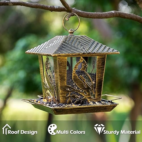 Miniatura 9 de Comedero para pájaros para exteriores de metal con capacidad de 3 libras de capacidad, patrón cardenal, alimentador vintage verde resistente a la