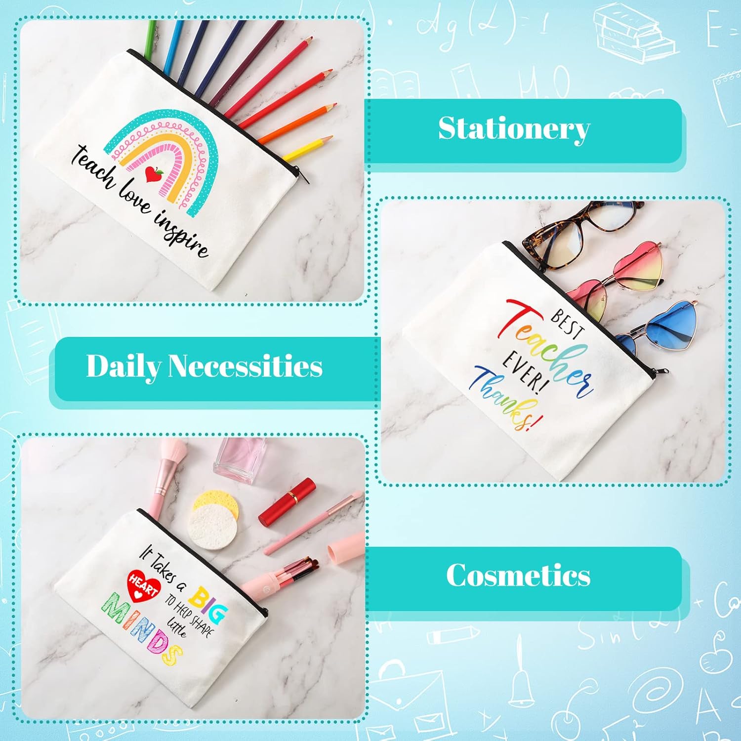 Saintrygo 20 Pieces Teacher Gifts Makeup Bags Bulk Canvas Survival Kit Cosmetic Bag Zippered Pencil Case Appreciation Gifts Travel Toiletry Pouch for Graduation Teachers Day(Heart)