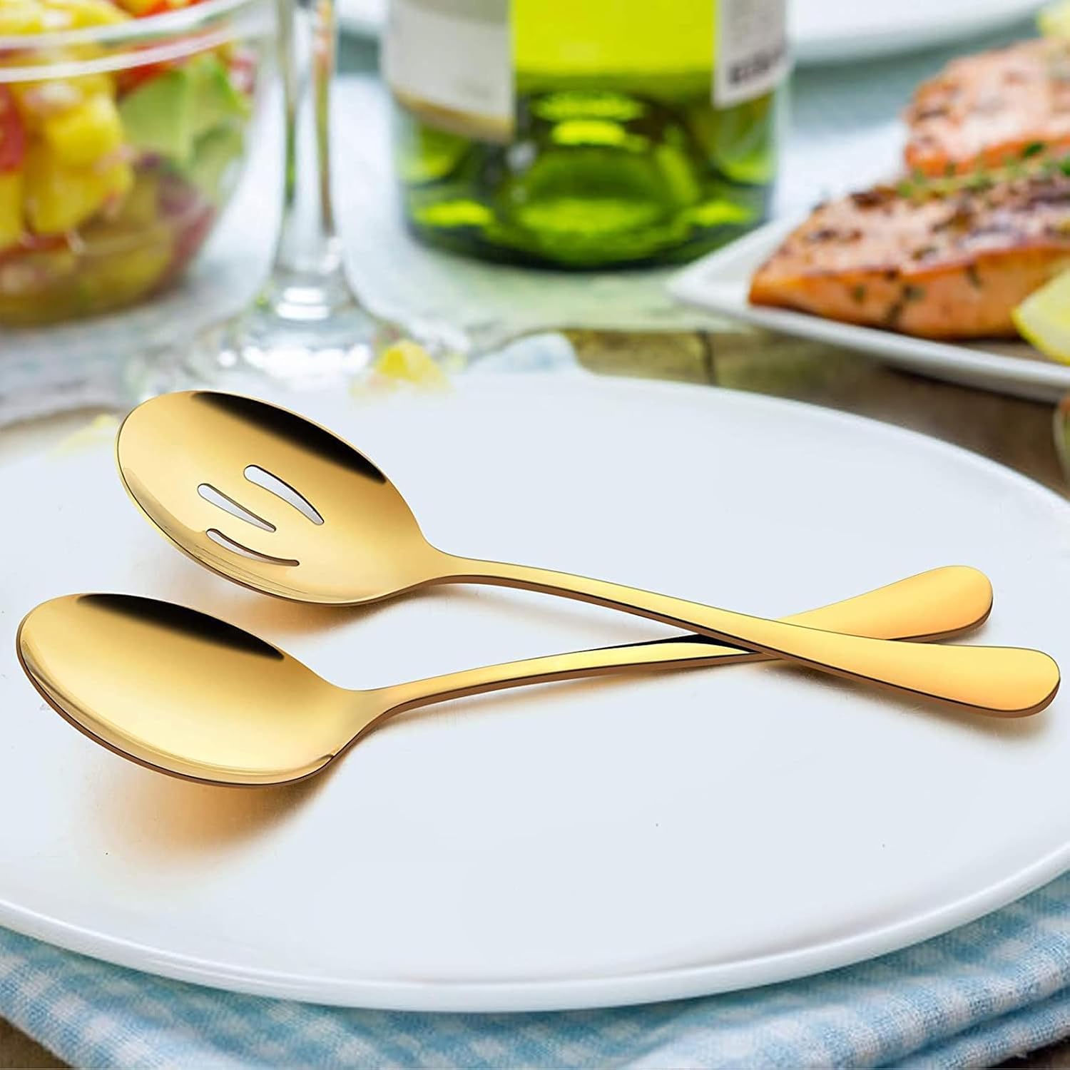 4 Pieces Serving Spoons Set, Includes 2 Serving Spoon and 2 Slotted Spoon, 8.8 Inch Stainless Steel Buffet Banquet Spoons, Serving Utensils Set for Parties, Gold