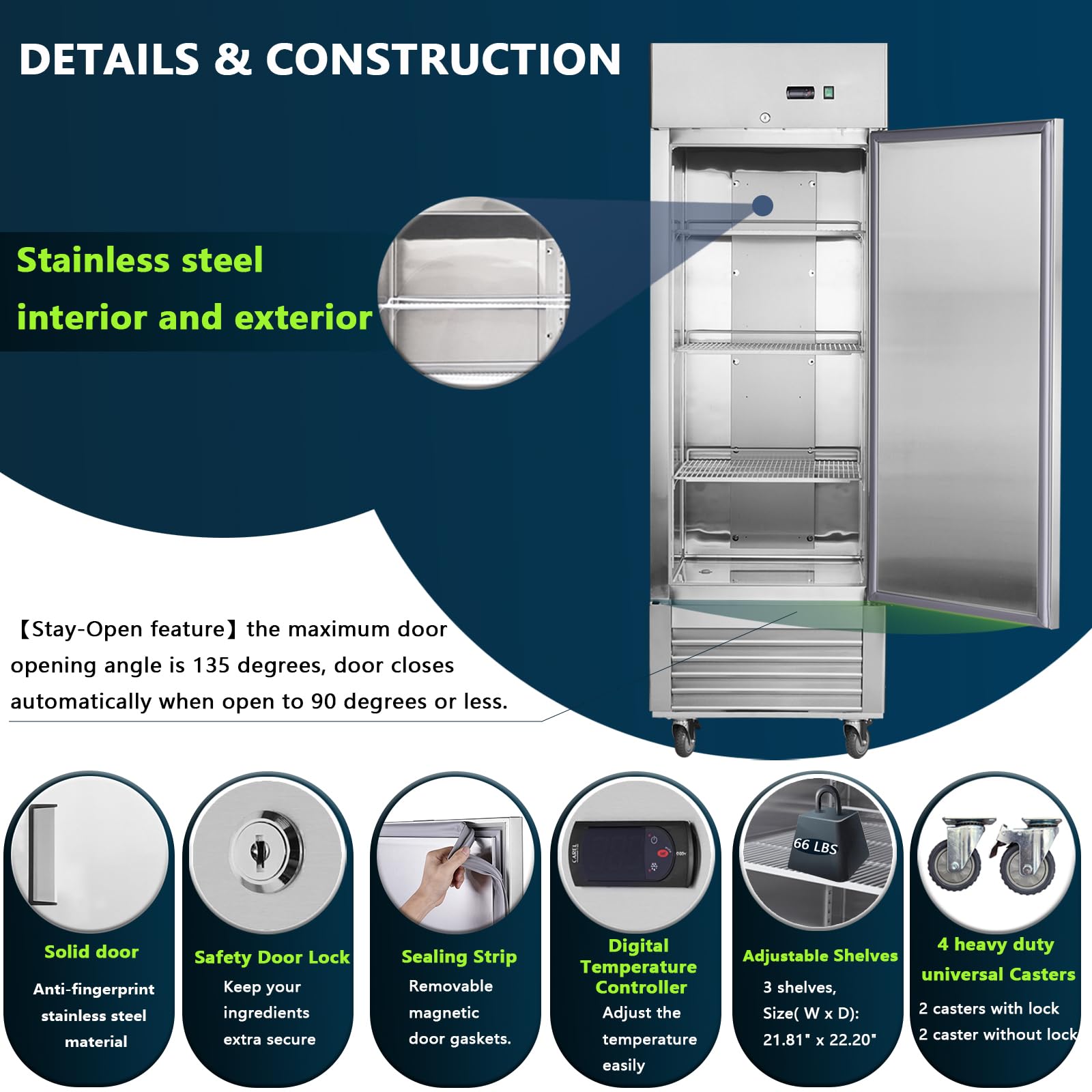 27"W Commercial Reach-In Freezer, 1 Solid Door Stainless Steel Upright Freezer, 18.68 Cu.Ft Fan Cooling Freezer For Restaurants on Fridge.com - View 6