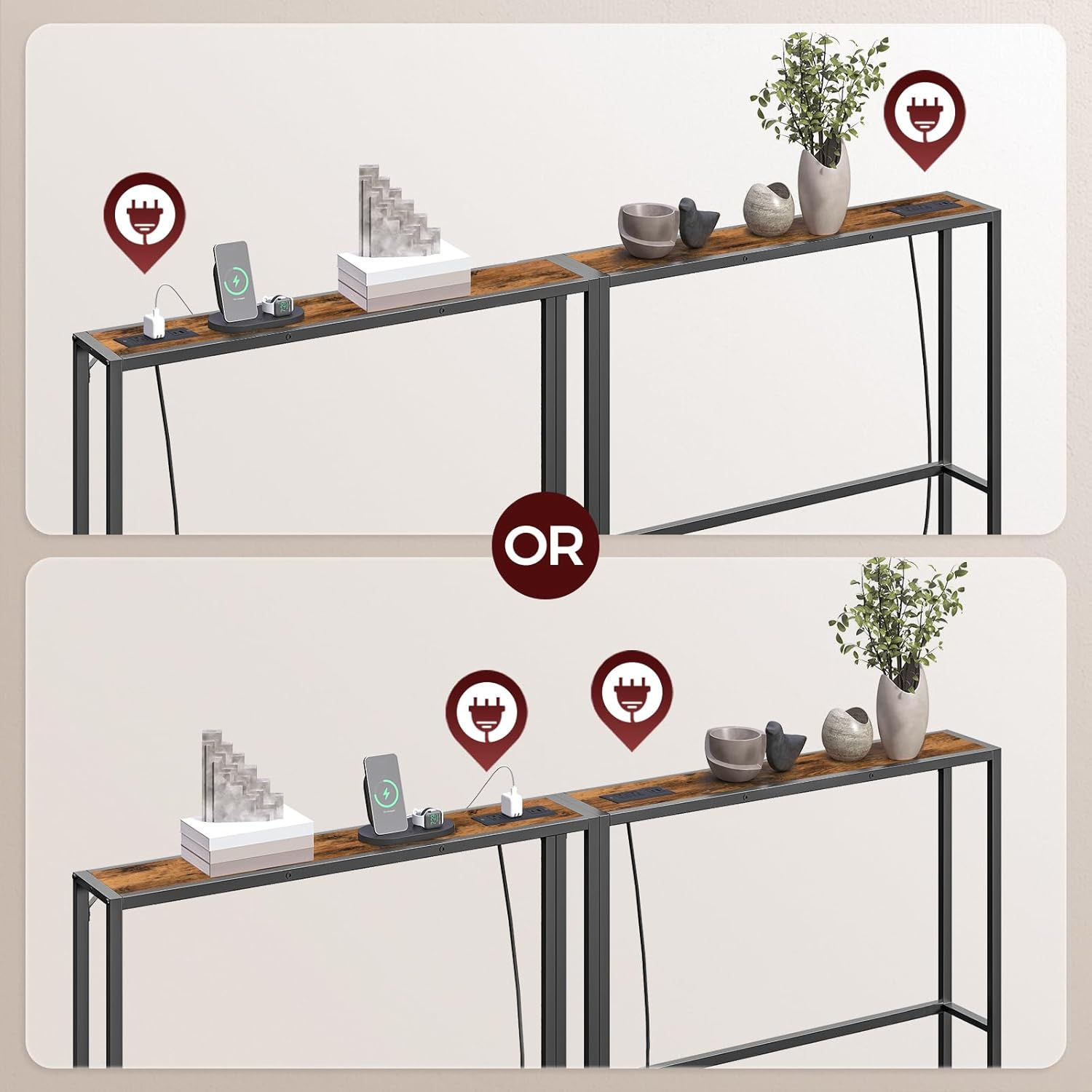 MAHANCRIS 2 Pack Narrow Console Sofa Table with Charging Station, Skinny Behind Couch Table, 39.4"L x 5.9"W x 31.5"H, Long Entryway Tables for Living Room, Hallway, Foyer, Rusitc Brown CTHR968E01S2