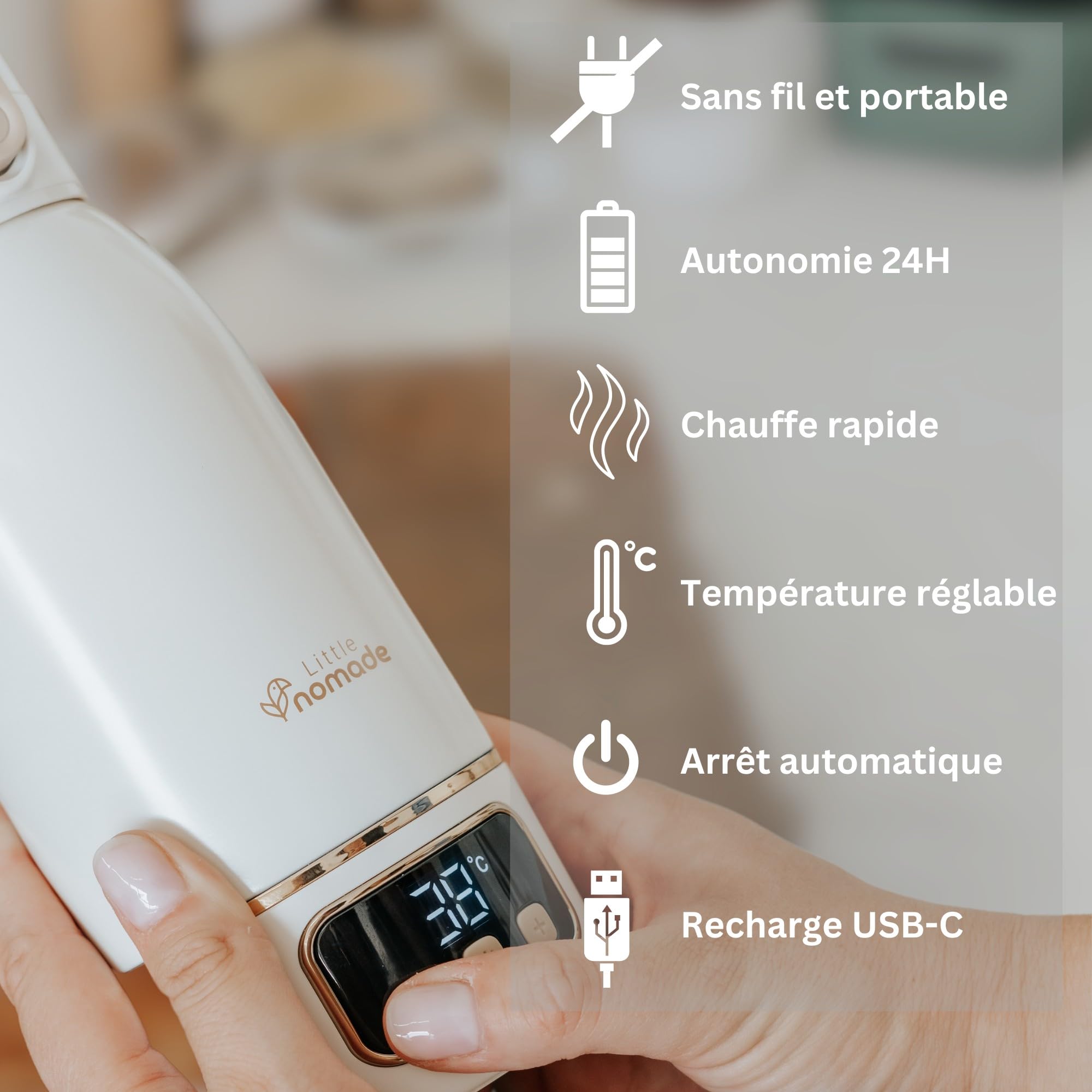 Chauffe Biberon Portable/Voiture/Voyage, 500ml, Universel, Sans Fil, Température Précise,Autonomie 24h, Rechargeable USB, Lait Maternel, Chauffe 3min, Charge 2h,