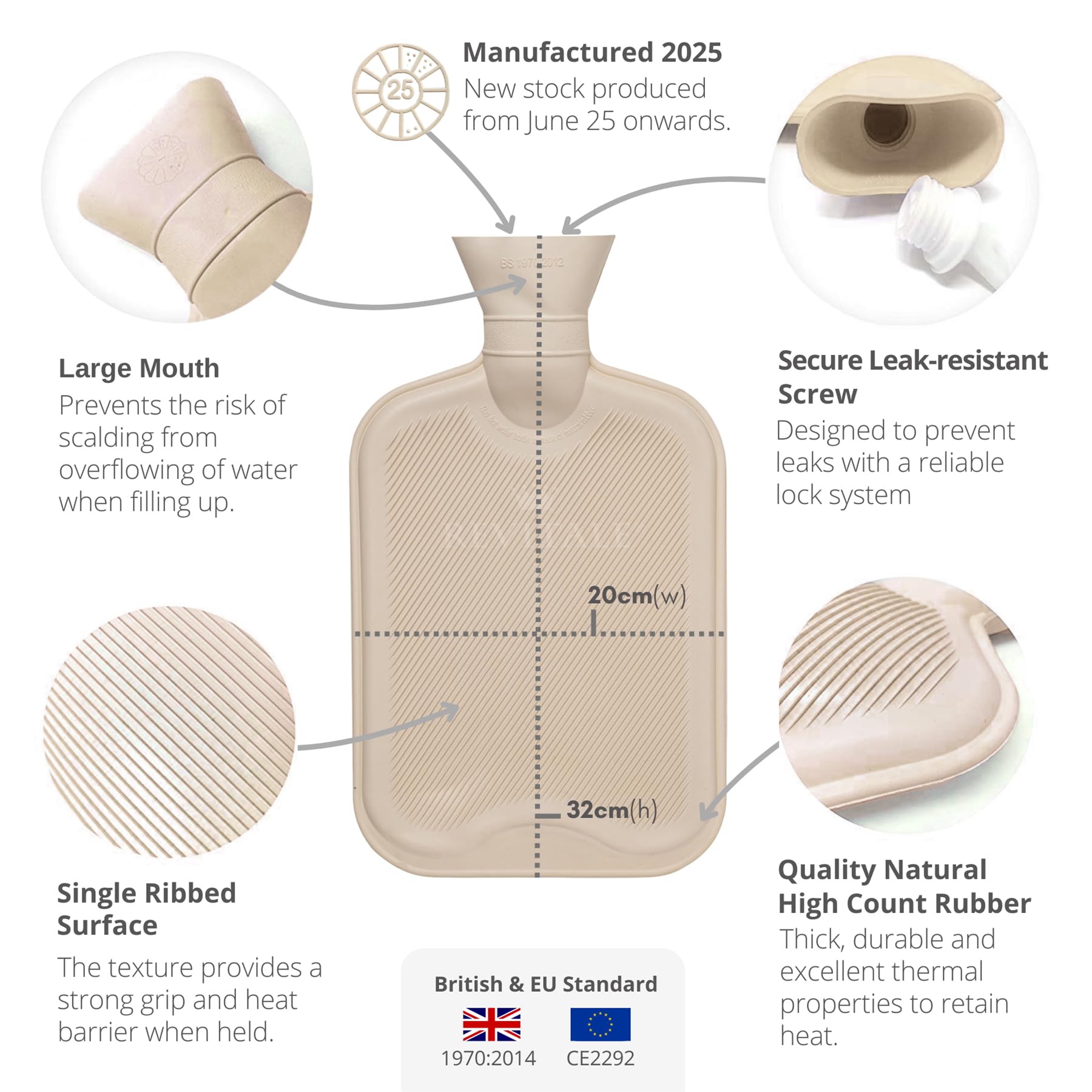 Revitale Bolsa de Agua Caliente de Lujo y Confort 2 Litros, Funda Suave tipo Manga, Caucho Natural Acanalado en un Lado, Norma Británica BS1970:2012, Duradera y a Prueba de Fugas (Plata – Manga)