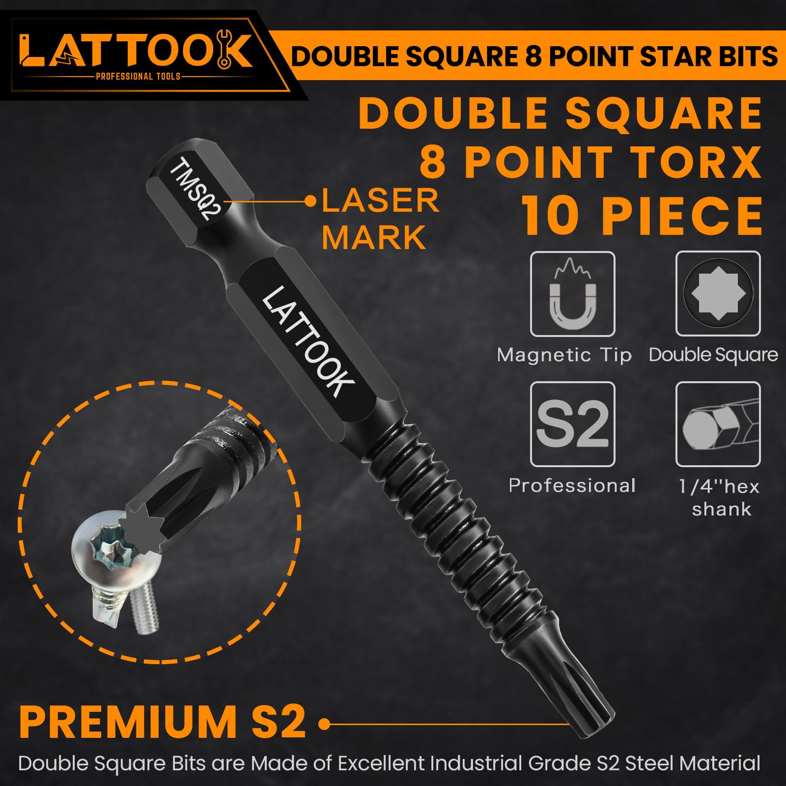Double Square 8 Point Torx Star Bit Set, Magnetic S2 Steel, 10PCS