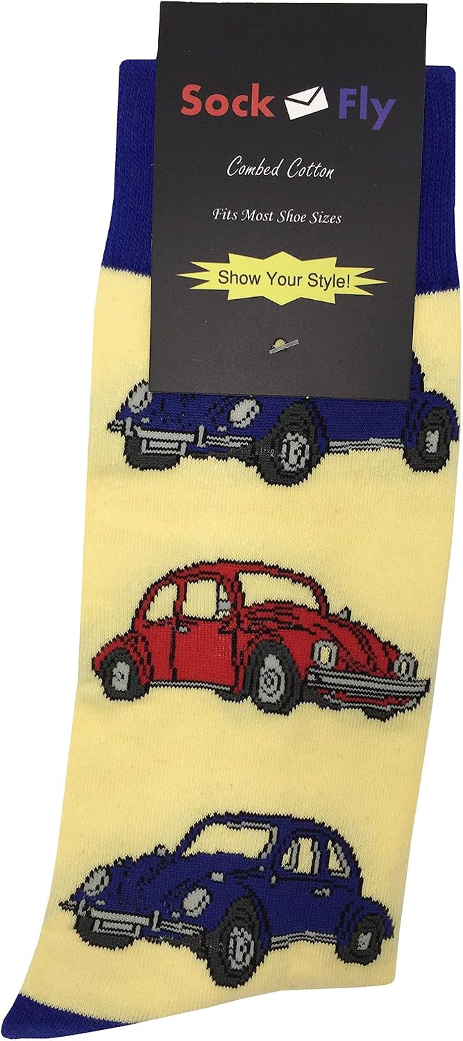 Car Beetle Yellow Dress Socks Funny Novelty Crazy Fun Design Men Size 8-12 Cotton Casual Crew Colorful Funky Fancy Socks Gift for Men