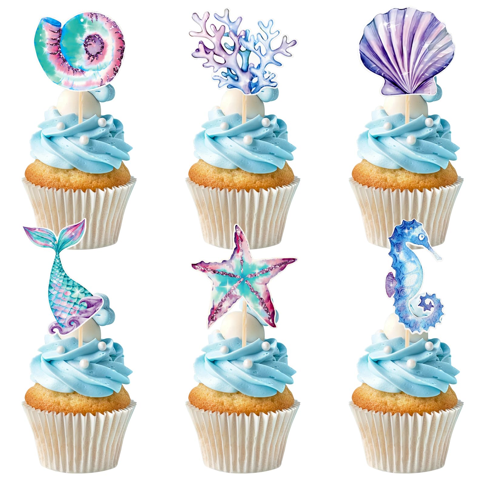 36Pcs Mermaid Tail Cupcake Toppers, Mini Under the Sea Shell Cake Decorations for Girls Mermaid theme Birthday Party Supplies