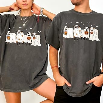 Halloween T-Shirt - Cows in Ghost Costumes Design - Funny Halloween Graphic Tee for Men, Women, Unisex, 100% Cotton