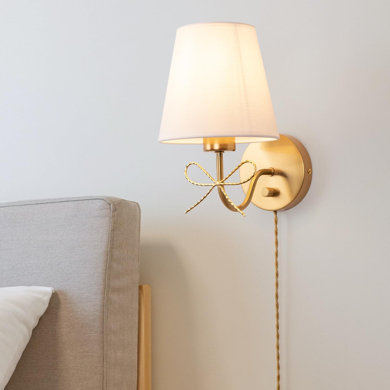 Adust Plug in Wall Sconces Set of Two with Plug in Cord Dimmable LED Bulbs, Bow Wall Sconces Antique Brass Farmhouse Wall Lamps Decor with Switch Cord for Living Room, Bedroom, Bulb Included