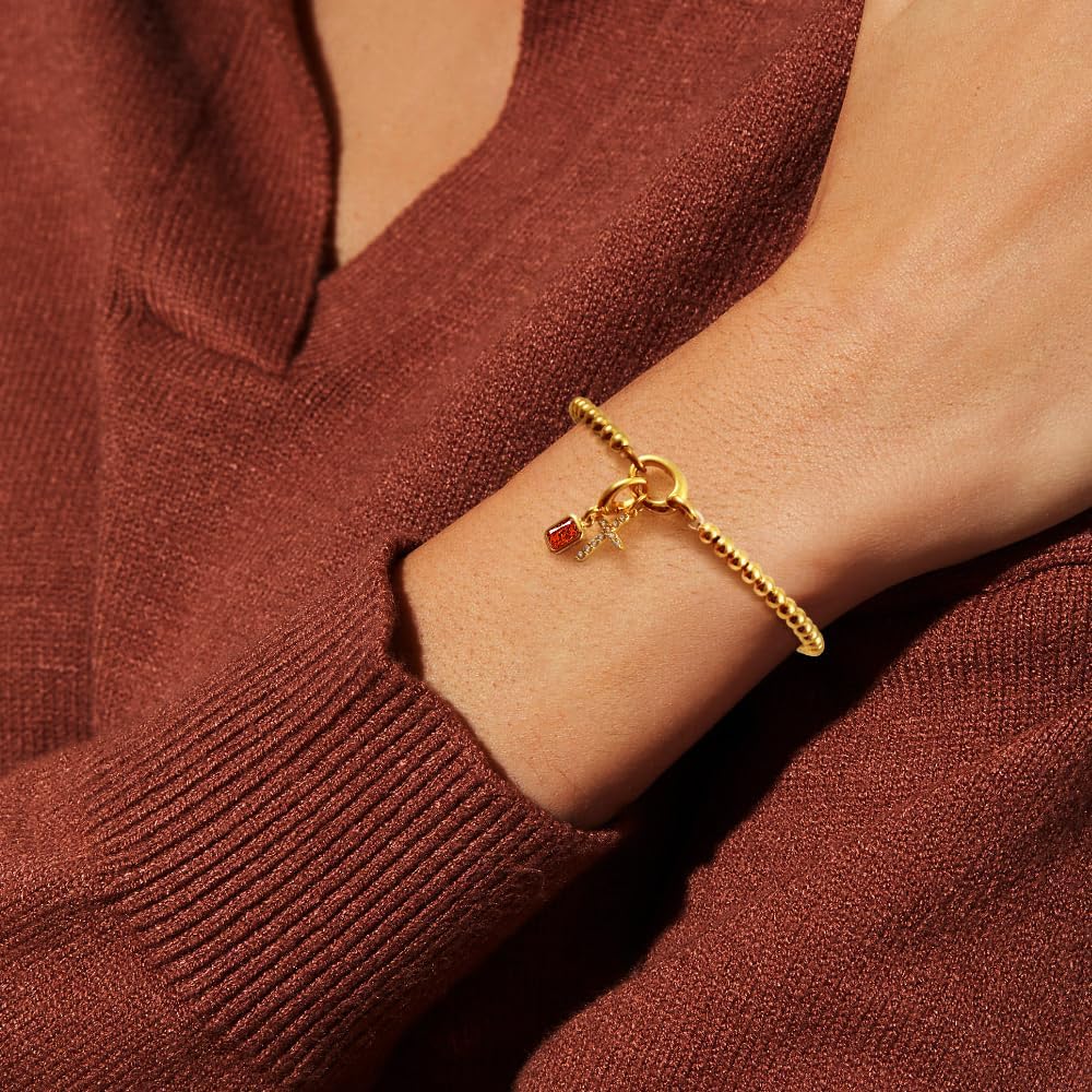 Free bird Cross Birthstone Bracelet | Dainty 14K Gold Plated Cross Charm Bracelet for Women | Stretchable Elastic Gold Beaded Bracelet | Stackable Trendy Birthstone Bracelet | Jewelry Gifts for Women - Image 2
