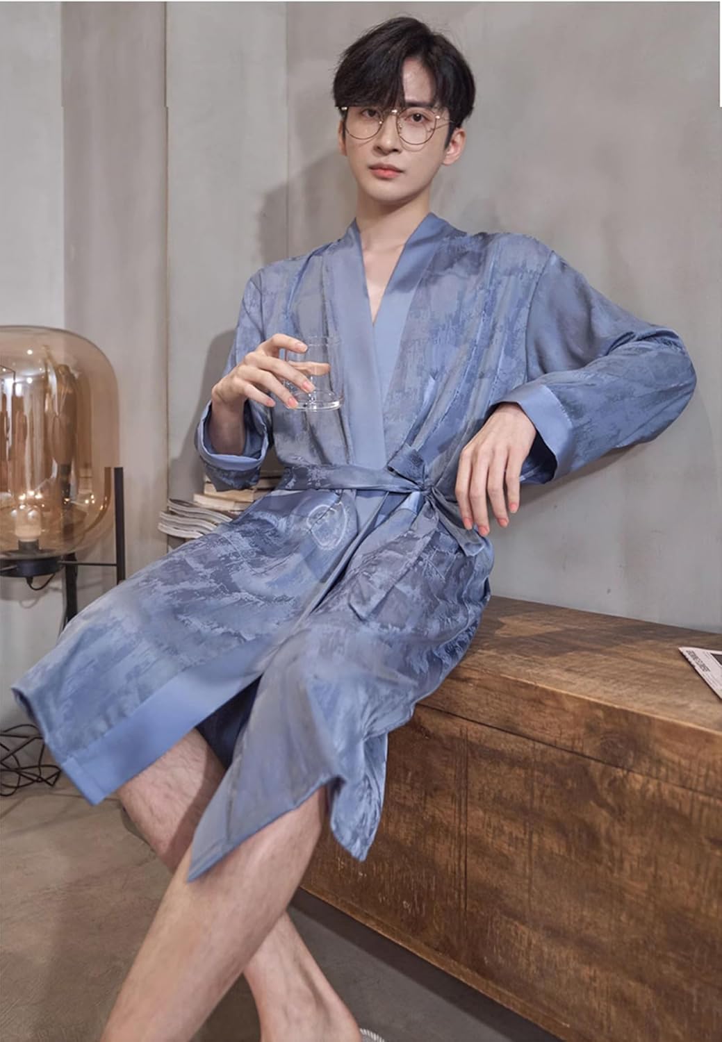 メンズサテンローブ 軽量シルク 長袖 バスローブ スパ着 キモノ スリープウェア