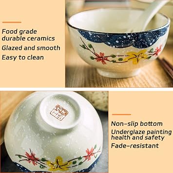 6 Pack Rice Bowls,4.5 Inch Japanese Chinese Bowls,10 oz Retro Ceramic Small Asian Soup Bowls,Hand-painted Serving Dinner Set for Cereal, Salad, Dessert, Ice Cream, Noodles, Dishwasher Microwave Safe