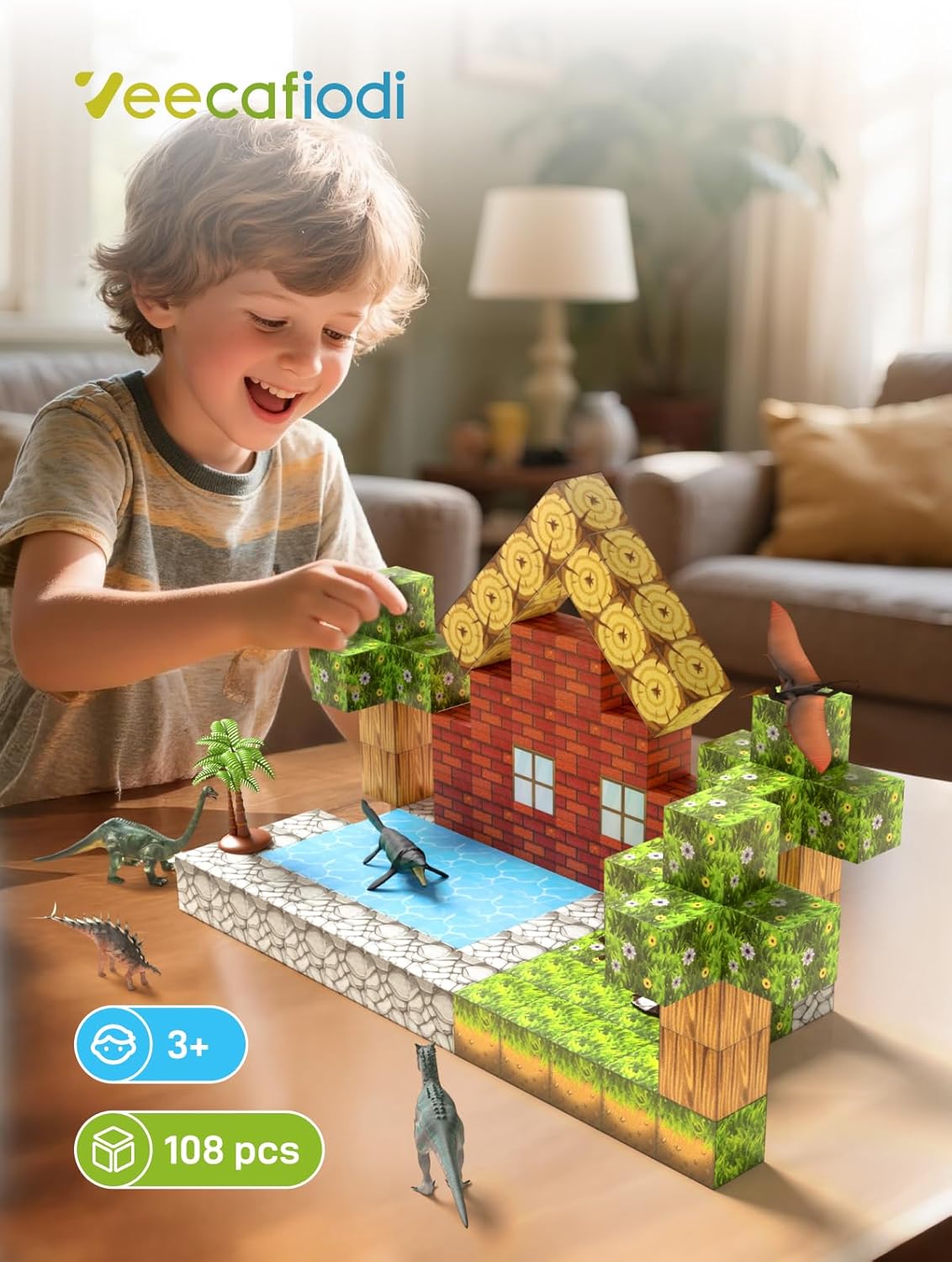 Magnetic Blocks 108PCS, Dinosaur Magnetic Building Blocks with 6 Dinosaur Figures, Magnetic Blocks for Kids Ages 3-5, 4-8, STEM Construction Toy