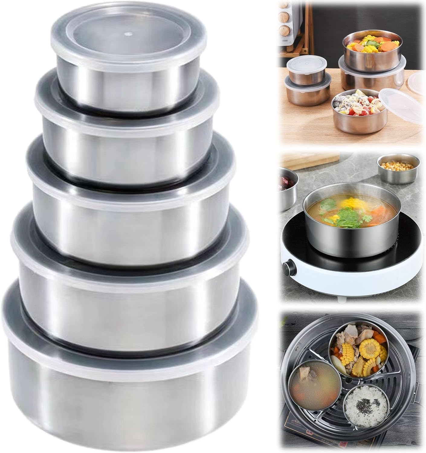 10PCS Mixing Bowl Set for Kitchen, Durable Stainless Steel Food Storage Container with Lids, Leakproof Stackable Mixing Bowl Set for Food Storage