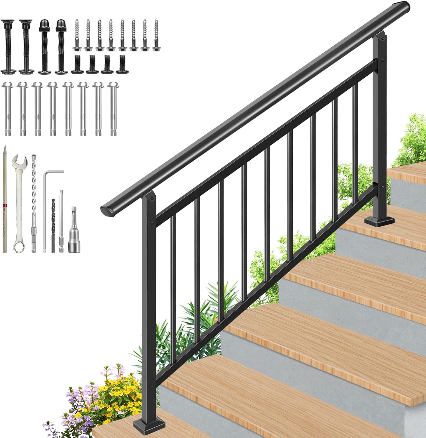 Upgrade Adjustable 5 Steps Handrail, 63"x38" Stair Railing Kit, Railings for Stairs Indoor and outstair, Hand Rails for Porch Railing, Deck Hand Railing, 5 Steps Handrails for Outdoor Steps 5 Steps Black