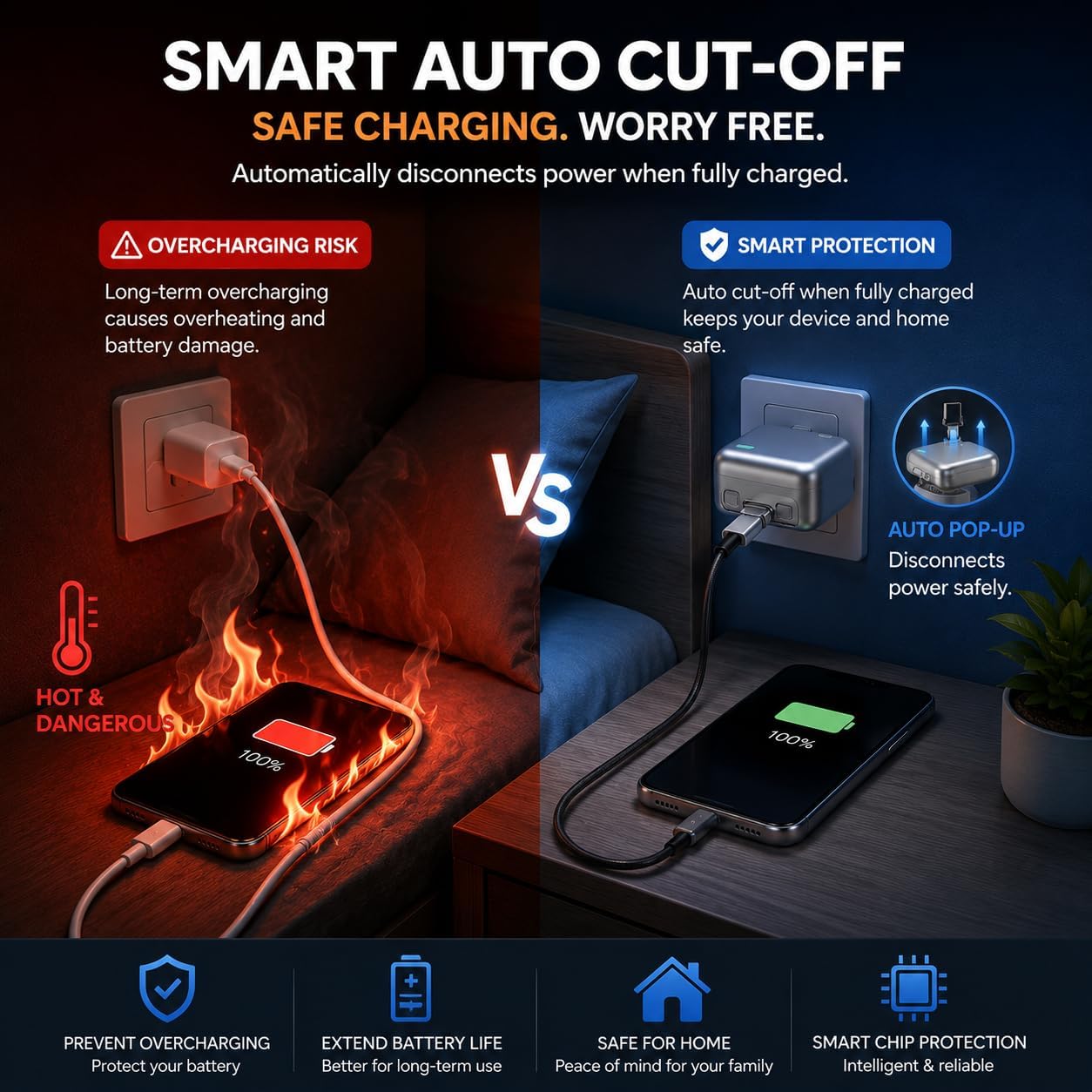 140W Smart Auto Stop Charging Adapter, USB-C Fast Charger with Physical Cut-Off, Automatic Power-Off Timer for Phone, Tablet & All USB Devices, Prevents Overcharging, Extends Battery Life