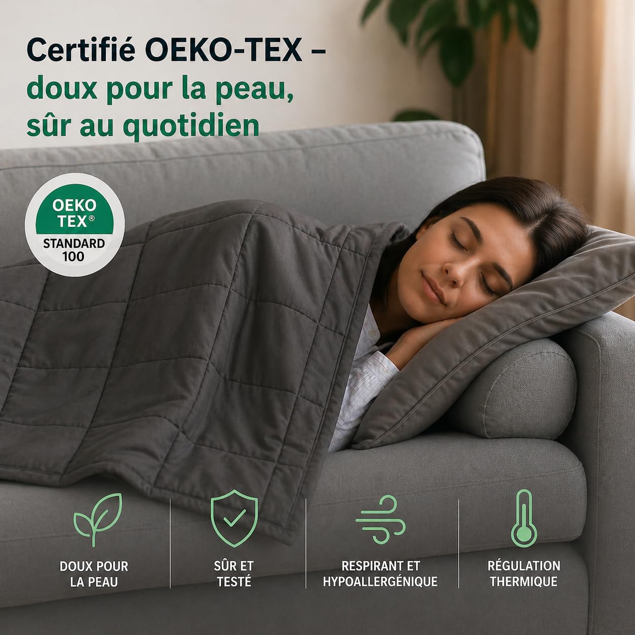 Couverture Lestée Thérapeutique, 9 kg, Gris, Microfibre 7 Couches, 150x200 cm, Anti-Stress et Insomnie, avec Billes de Verre, Certifiée Oeko-TEX