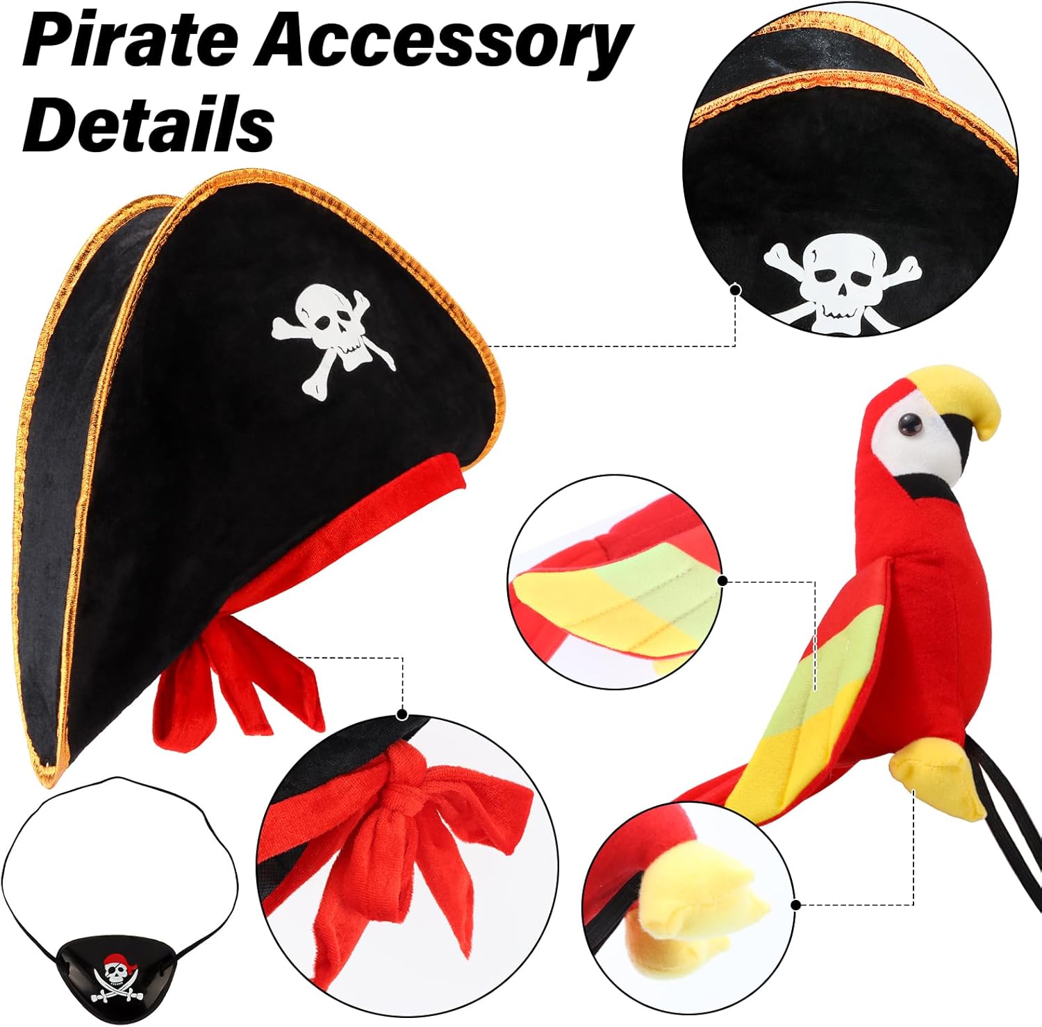 CUBACO Pirate Hat Costume for Cospaly, 3PCS Captain Hat Set Parrot Costume Adult Eye Patch Pirate Accessories Gift for Women Men Halloween School Shows and Theater Performance - Image 3