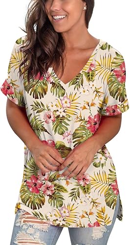 Miniatura 3 de SAMPEEL - Camisetas casuales de verano con cuello en V para mujer, de manga corta enrollada, con abertura lateral, ajuste holgado