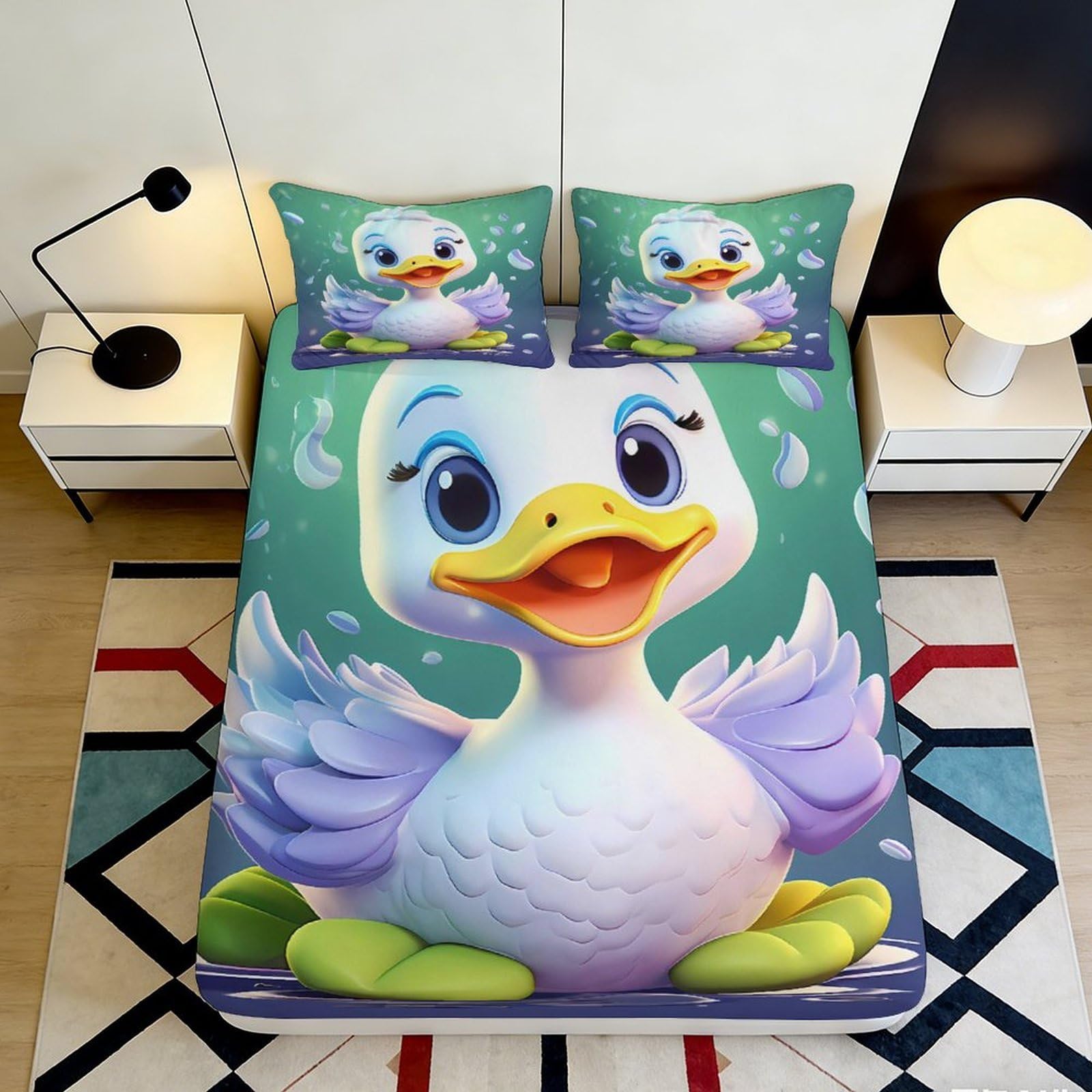 3D Printed Cartoon Duck Fitted Sheet Microfiber Deep Pocket Bedroom Bedding Non-Slip Cartoon Duck Mattress Fitted Cover for Adults Teens 140x200x25cm