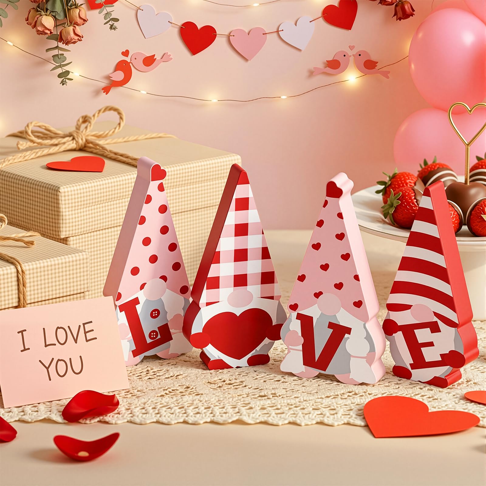 Decoraciones para el día de San Valentín – 4 letreros de gnomo de madera, decoración de bandeja escalonada de madera roja y rosa, bonita decoración del día de San Valentín para el hogar,