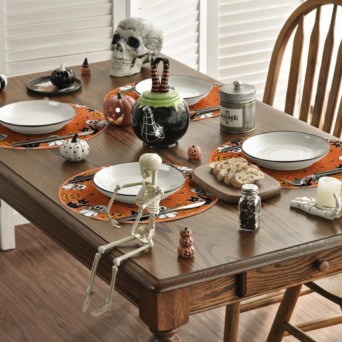 Artoid Mode Orange Ghost Cat Halloween Round Placemats Set of 4-14 Inch