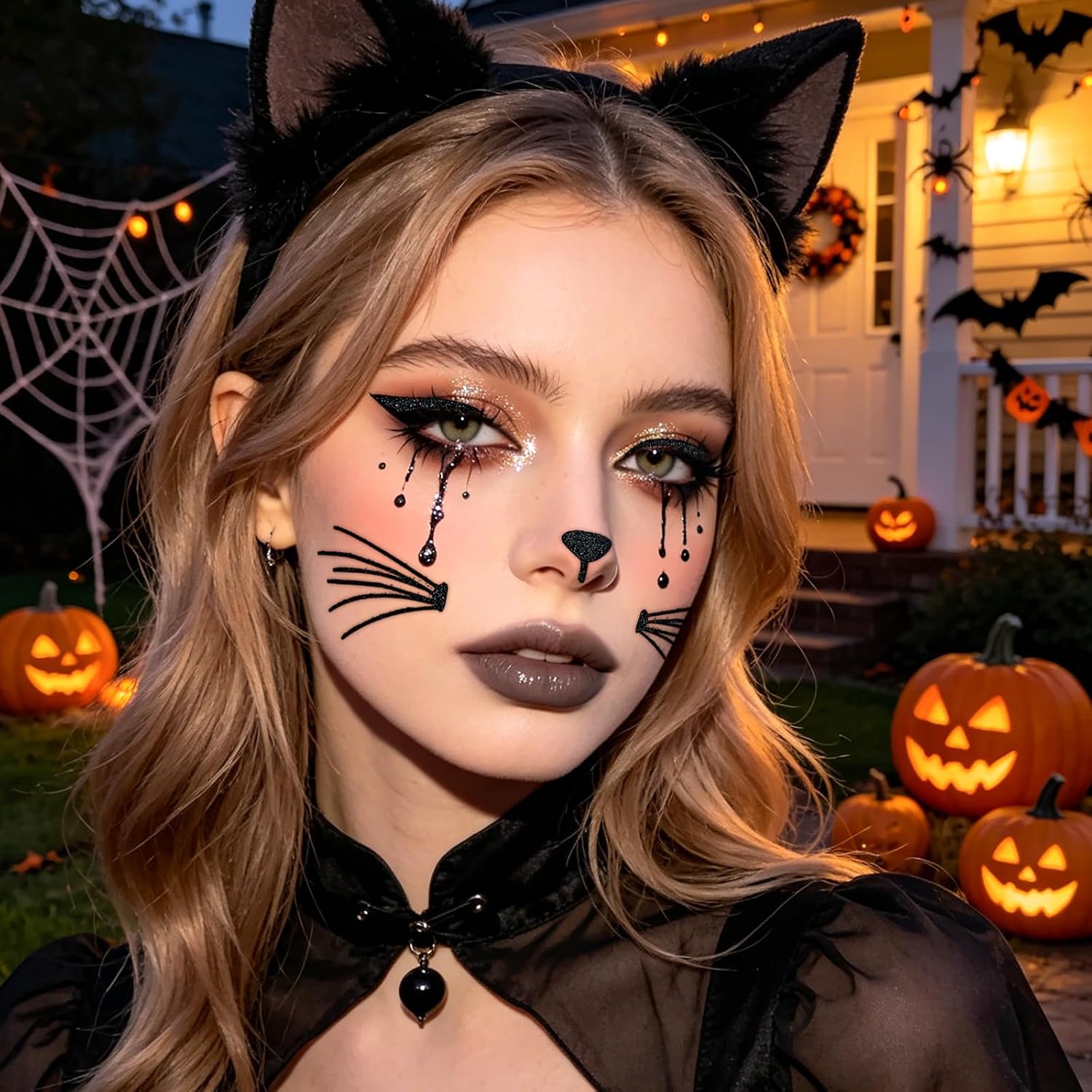 Cat Face Jewels Whiskers Stickers, Glitter Cat Face Tattoo Stickers