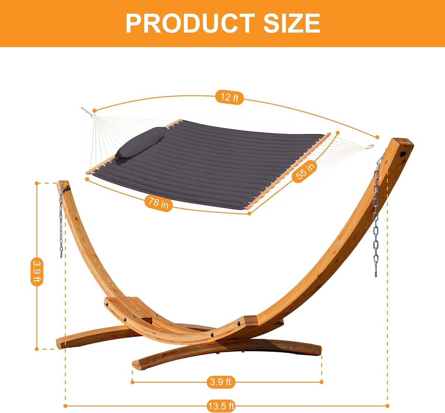 Lazy Daze Hammocks 12 FT Double Quilted Fabric Hammock and 13 FT Natural Wood Arc Stand, with Spreader Bar, Removable Pillow, 2 Person Hammock for Poolside Outdoor Patio, 450 lbs Capacity, Dark Gray