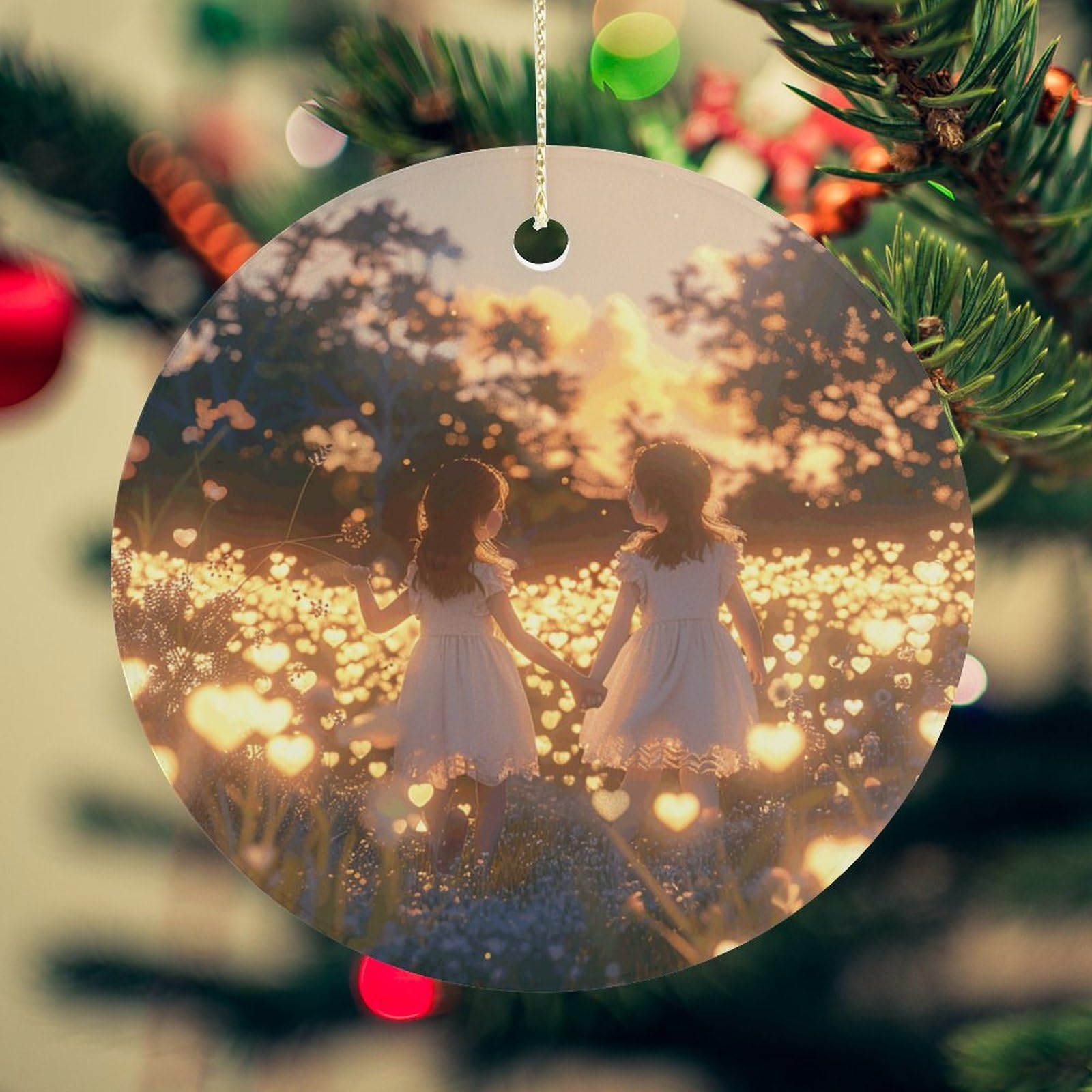Girls Holding Hands Christmas Ornament for Christmas Tree Ceramic Round Ornament Winter Holiday Keepsake Gift 2.7" Christmas Tree Hanging Decorations Circle Ceramic Pendant Xmas Gift