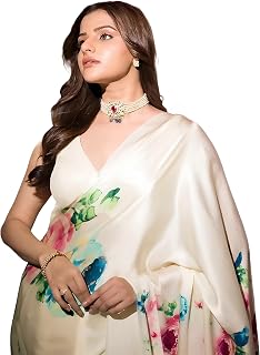 Fulari Women’s Floral Printed Satin Saree with Matching Blouse Piece | Elegant White Designer Sarees for Wedding, Party & ... Price In India