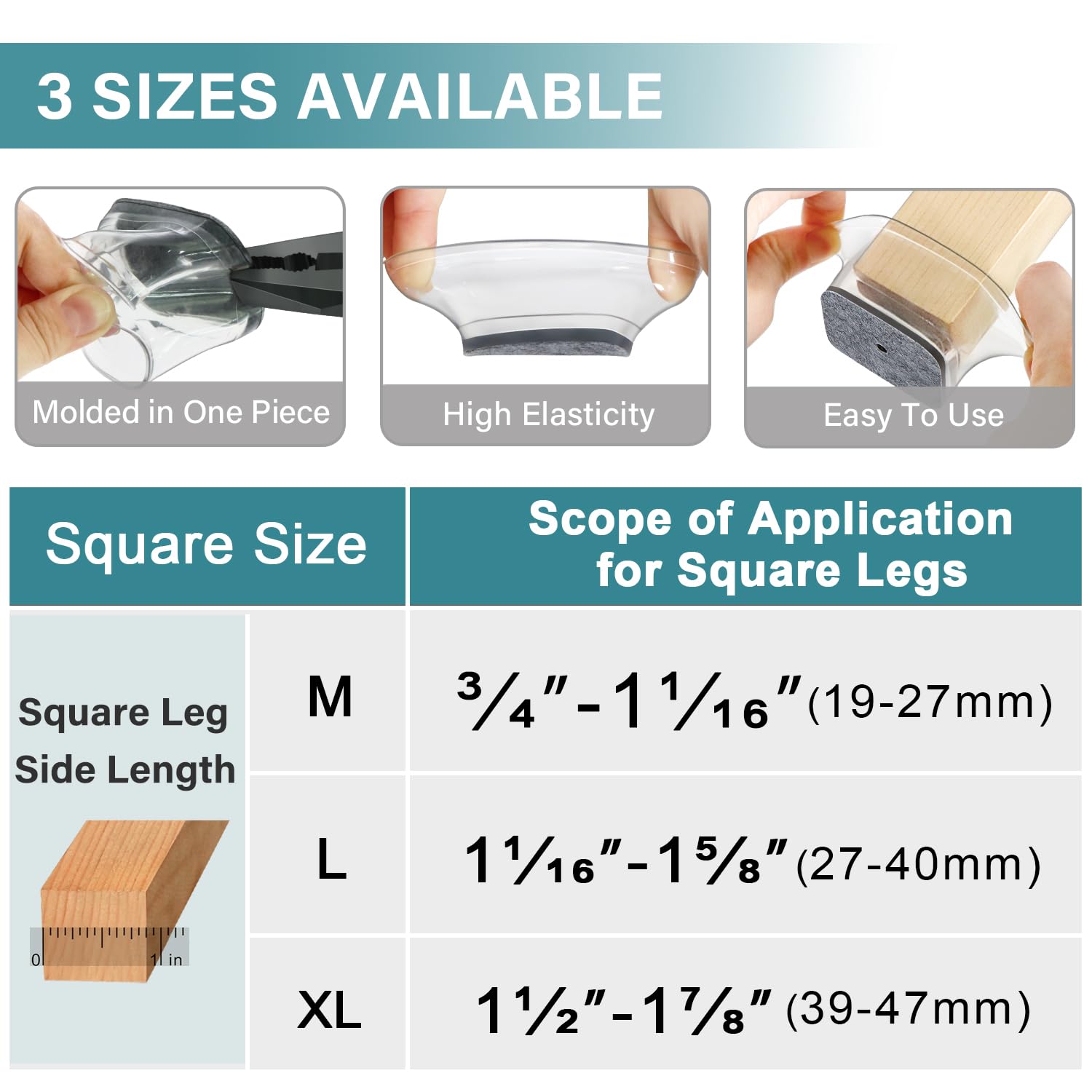 Ansible 24 Pcs Chair Leg Floor Protectors Square, Silicone Felt Furniture Leg Pads Caps Covers for Hardwood Floors (Fit:1-1/16" to 1-5/8") - 5