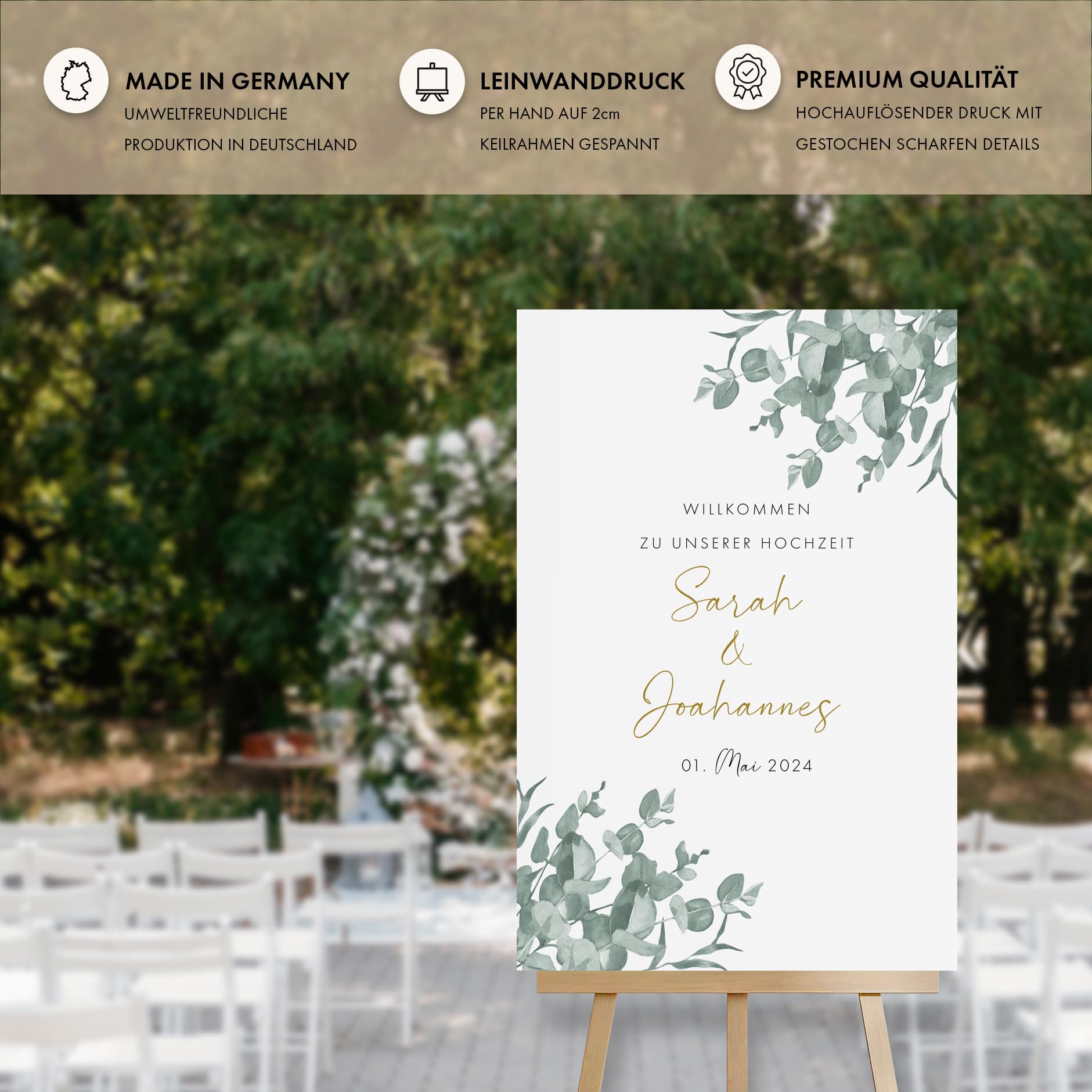HEI Print Willkommensschild Hochzeit Eukalyptus mit Datum und Namen, personalisierte Hochzeitsdeko, Aufsteller Willkommen Schild, Grün, Leinwand, 60x40 (Hochformat)