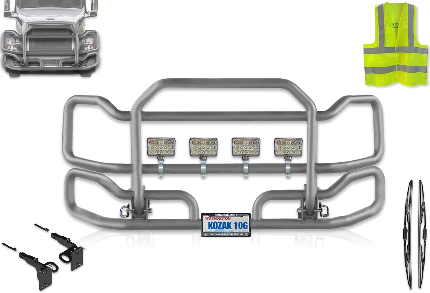 Front Gray Grille Deer Bumper Guard Large for Semi Truck Compatible with Volvo VNL 2004-2017 (94"x40") + Bracket
