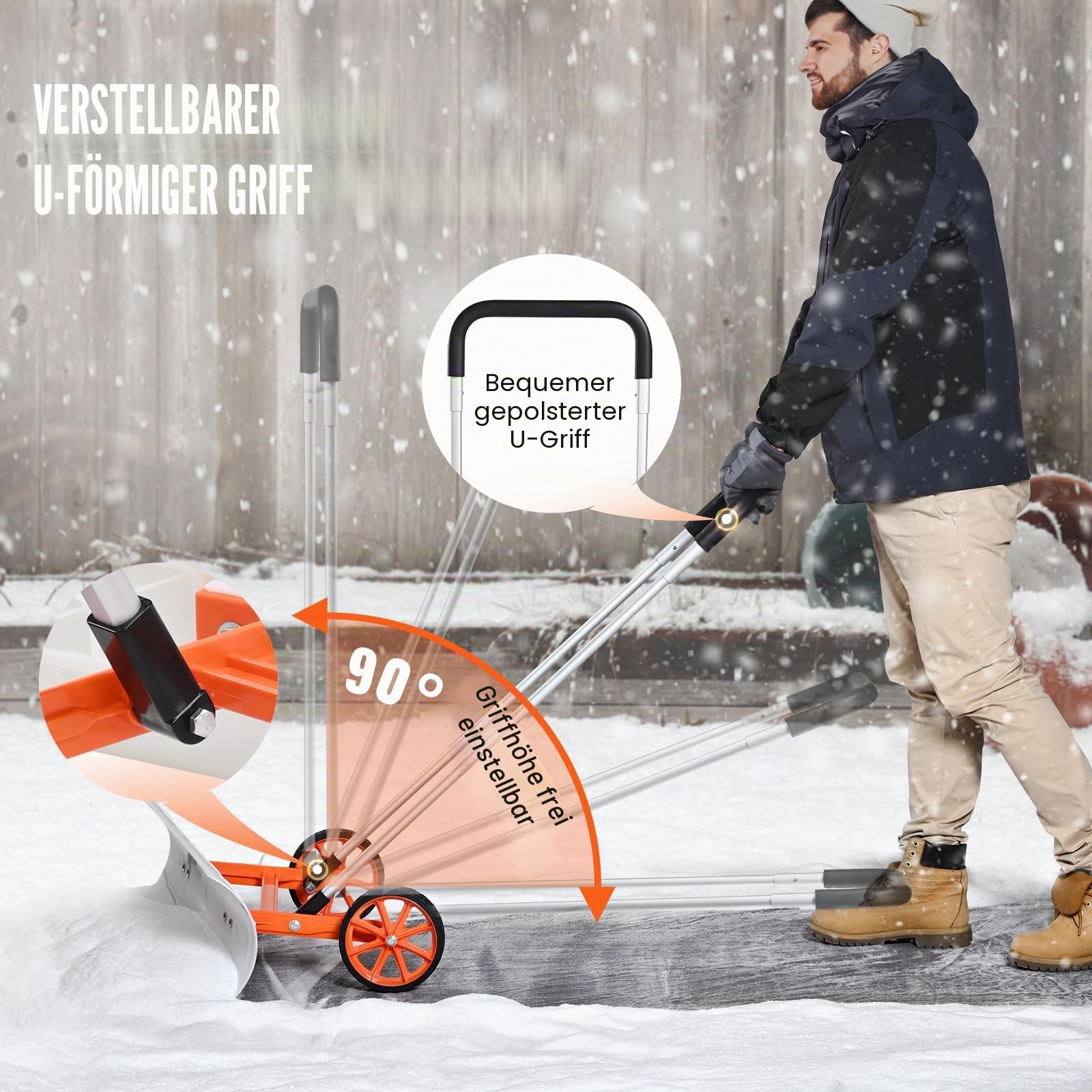 VEVOR Schneeschieber mit Rädern 94cm Schneeschaufel ABS-Kunststoff Aluminiumlegierung Schneeschippe Seitenwinkel von 15° Schneeräumer Schneeräumgeräte Rückenschonender Schneeschieber