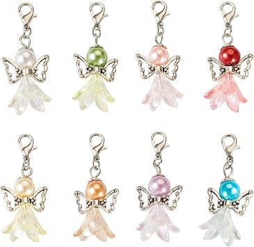 8Pcs Angel Pearl Beads Pendants Colorful Angel Wing Pendants Fairy Dangle Charms with Lobster Claps Angel Fairy Charms for DIY Bracelet Jewelry Keychain Bag Pouch Making