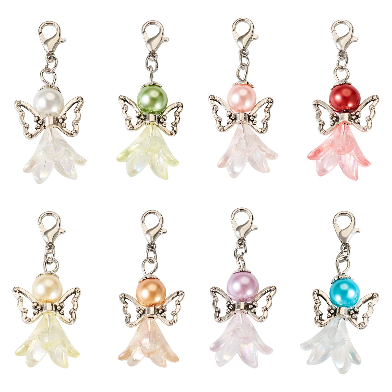 Pandahall 8Pcs Alloy Hollow Angel Wing Charms Glass Pearl Bead Fairy Wing Keychain Pendant Angel Feather Flower Cap Dangle Charms with Lobster Clasps