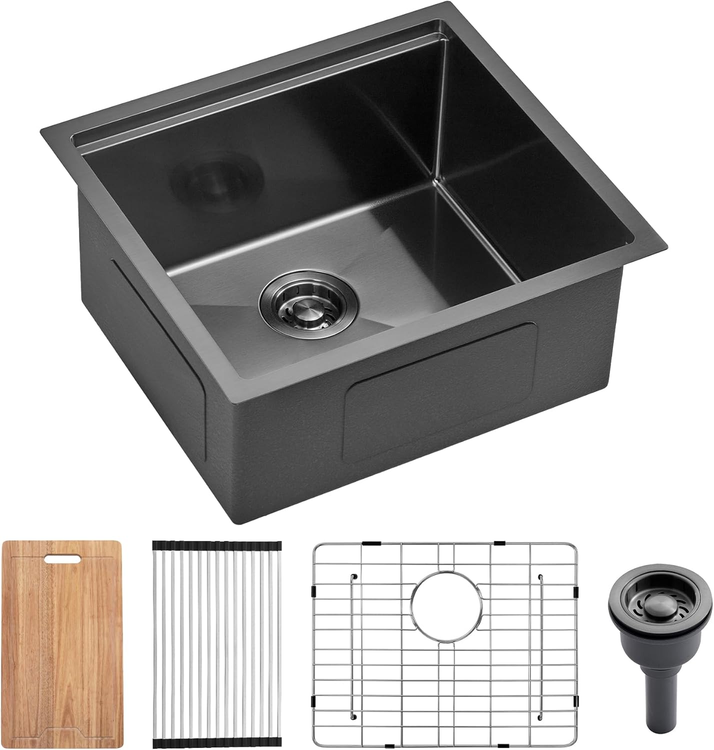 21x19x10 Undermount Kitchen Sink, Nano Black 304 Stainless Steel Deep Single Bowl with Efficient Drainage & Tarnish-Resistant Finish for Bar, Laundry, RV, Includes Accessories