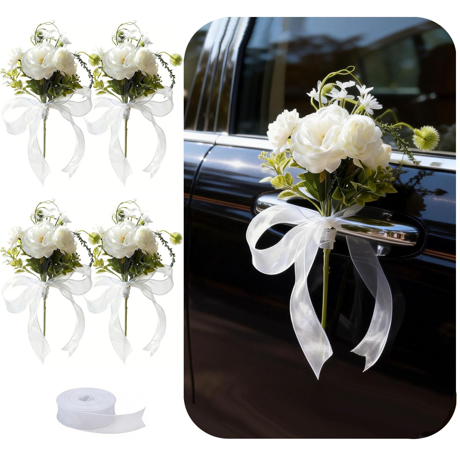 4 PCS Wedding Car Door Handle Flowers with Ribbon – White Artificial Rose & Greenery, DIY Tie Bridal Car Decorations, Reusable Bouquet for Bride, Wedding Send Off, Engagement