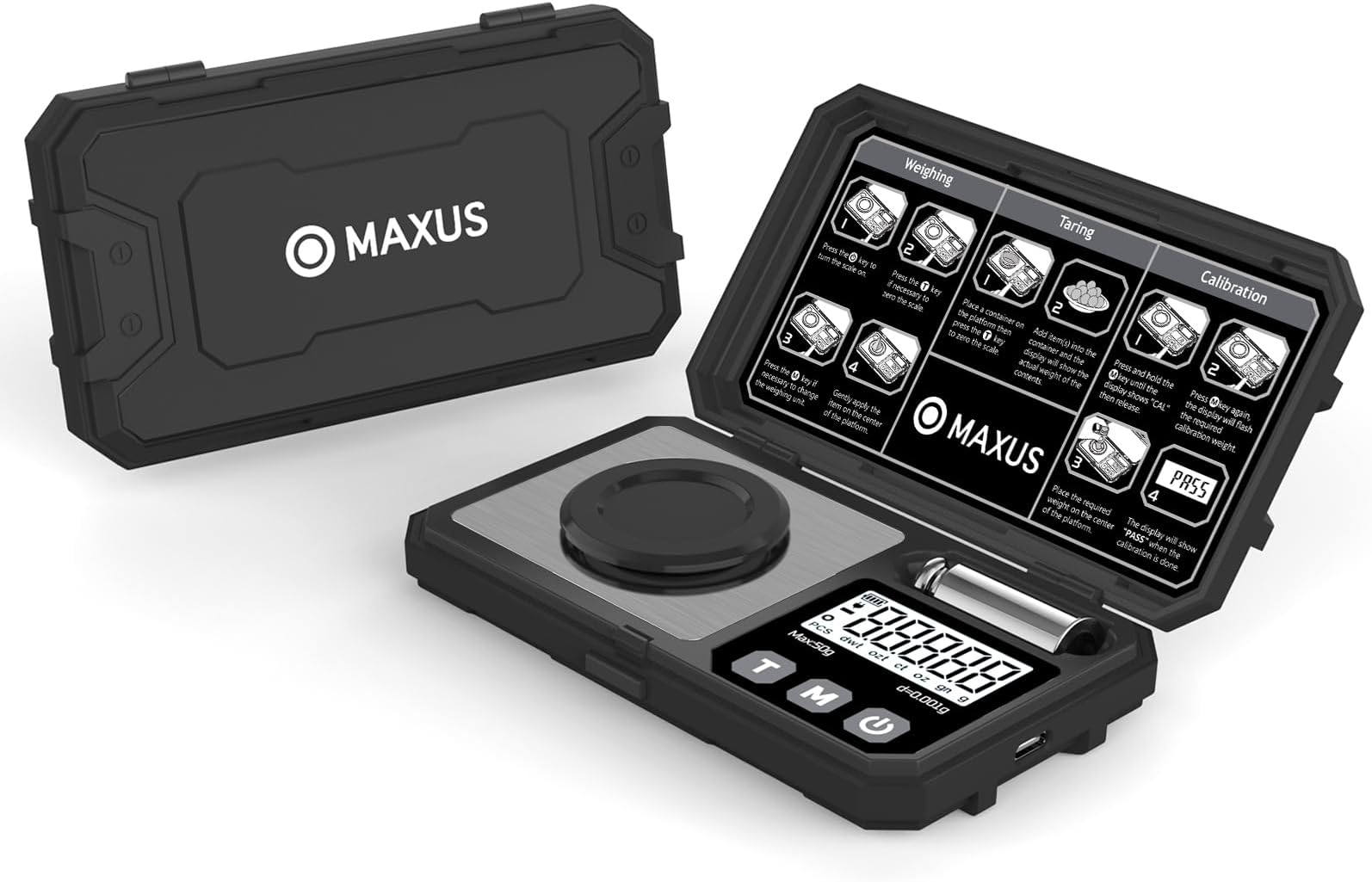 Milligram Scale 50g/0.001g, Compact Mg Scale with 50g Calibration Weight, Black Powder Scale for Reloading, Includes a Scoop, a Powder Pan, a USB Cable and Tweezers