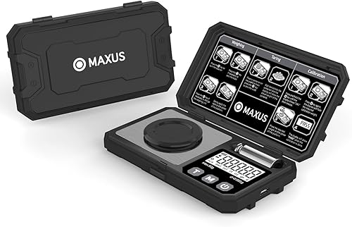 MAXUS Báscula miligramos de 1.76 oz0.00 oz, báscula compacta de mg con peso de calibración de 1.76 oz, báscula de polvo negro para recargar, incluye