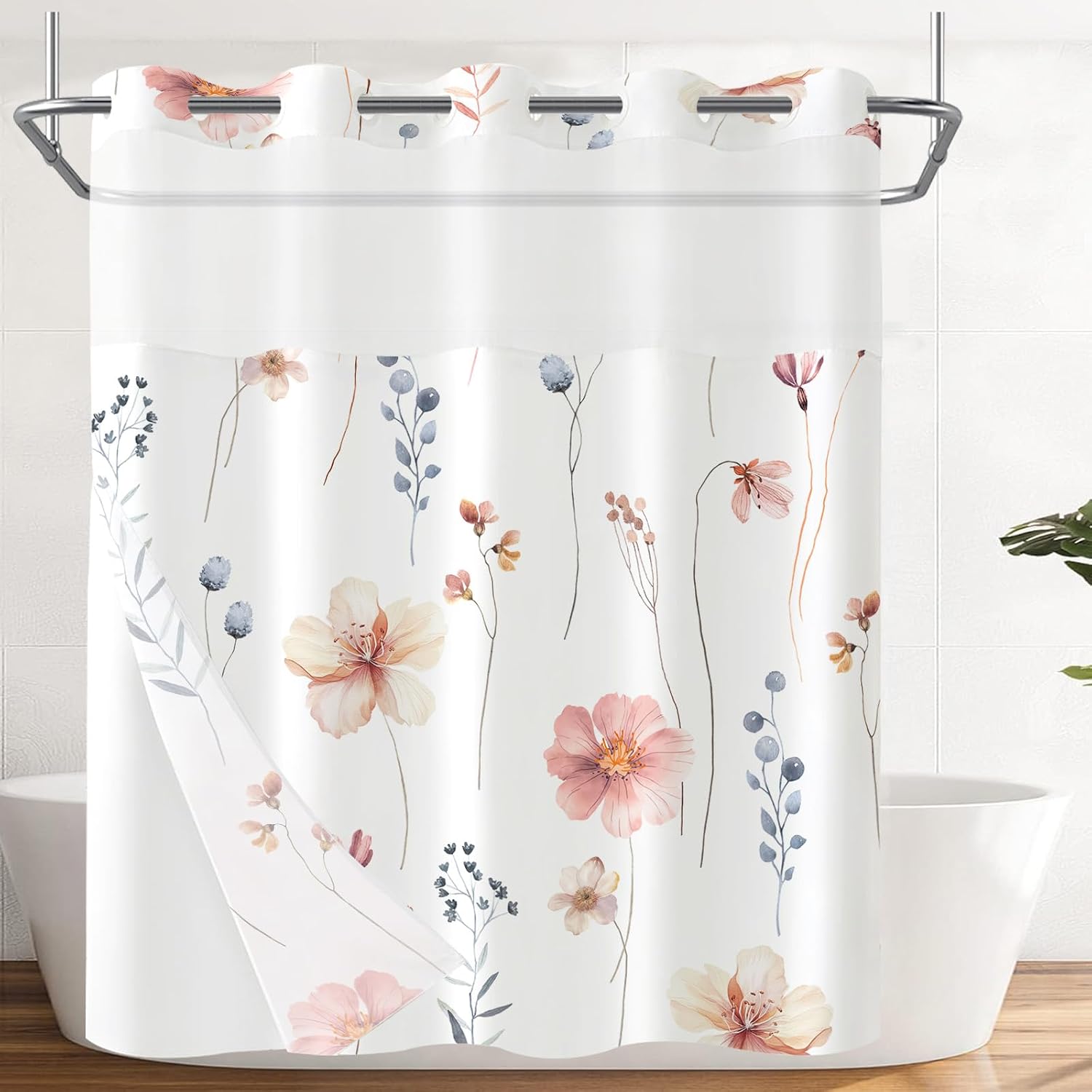 Fungarth No Hook Shower Curtain with Snap in Liner Set Watercolor Floral Hookless Shower Curtains for Bathroom Pink Beige White Plant Flower Leaf Waterproof Fabric Hotel Bath Curtain 71 x 74 Inch