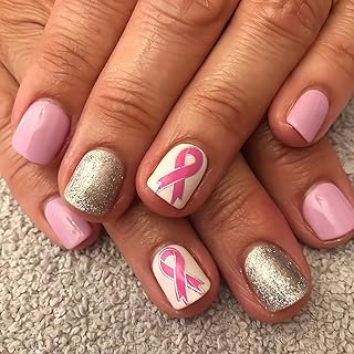 Breast Cancer Awareness Nails - 24pc Pink Ribbon Glitter Design, Full Cover Stick On Nails for Women